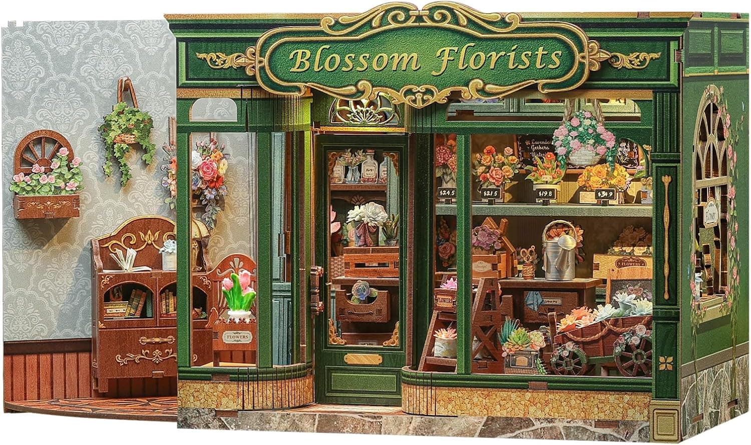 CUTEBEE Kit de Rincón de Libros, Casa en Miniatura de Madera Estilo Tienda de Flores, Casa de Muñecas & Librería Decorativa, Familia y Amigos (Blossom Florists)