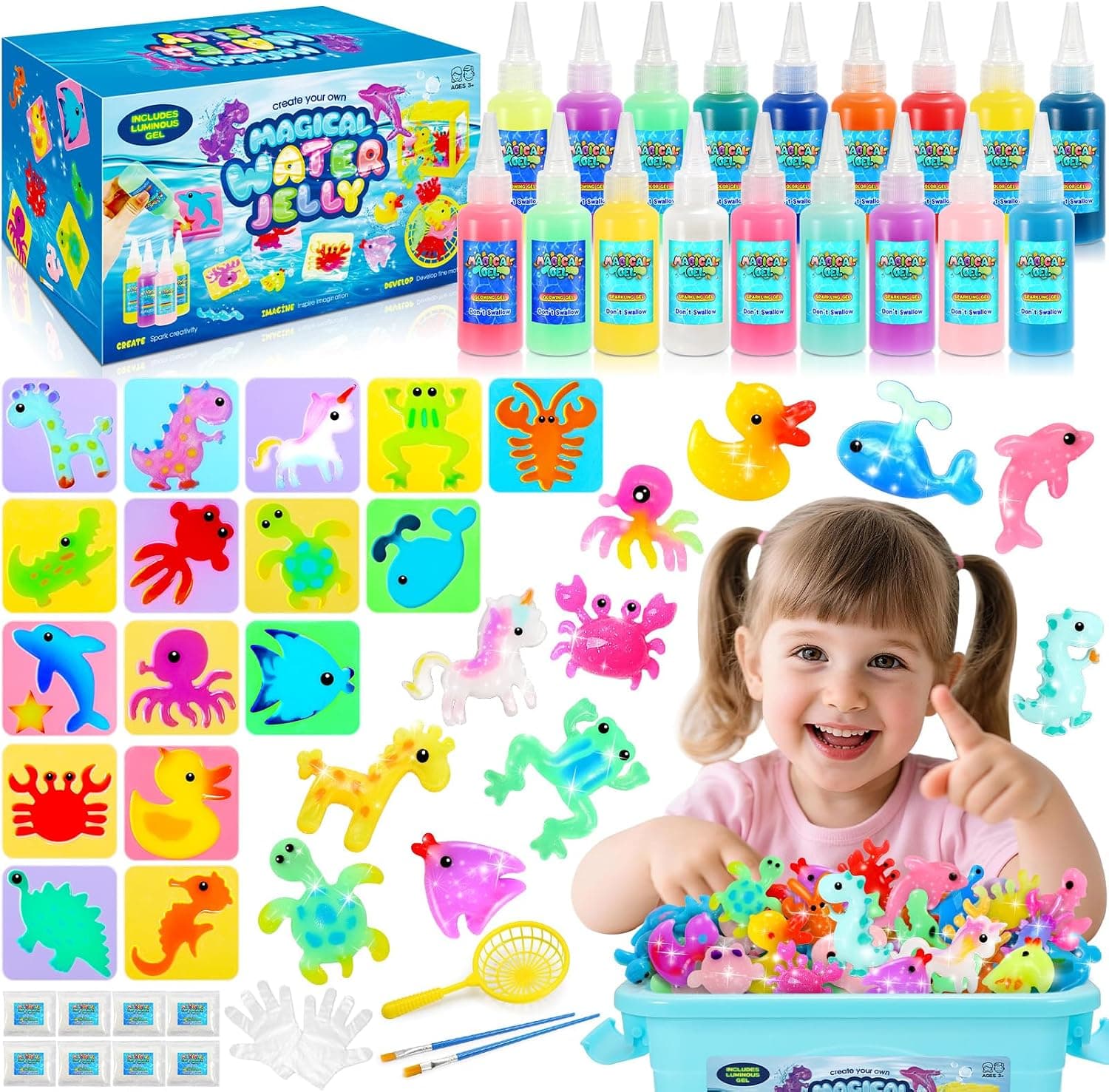 iKidiki Aqua Gelz, Juguetes Niña Niño 4 5 6 7 8 Años Elfos Magicas Niñas Juegos Creativos Natale Regalo para Niños 3-9 Años Juego Magic Gel Kit con 18 Colores y 16 Unicorno Dinosauro Formas