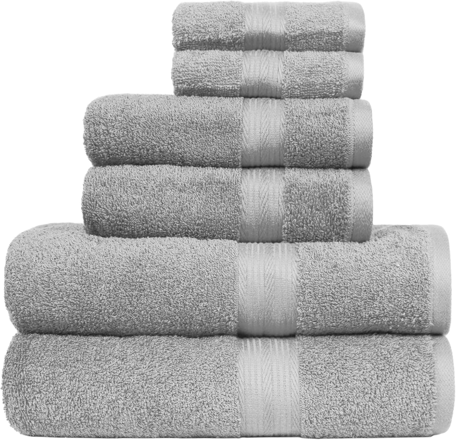 Amazon Basics Juego Toallas Baño Completo 100% Algodón 2 Toallas Baño + 2 Mano + 2 Lavabo, Gris, Pack 6 Unidades