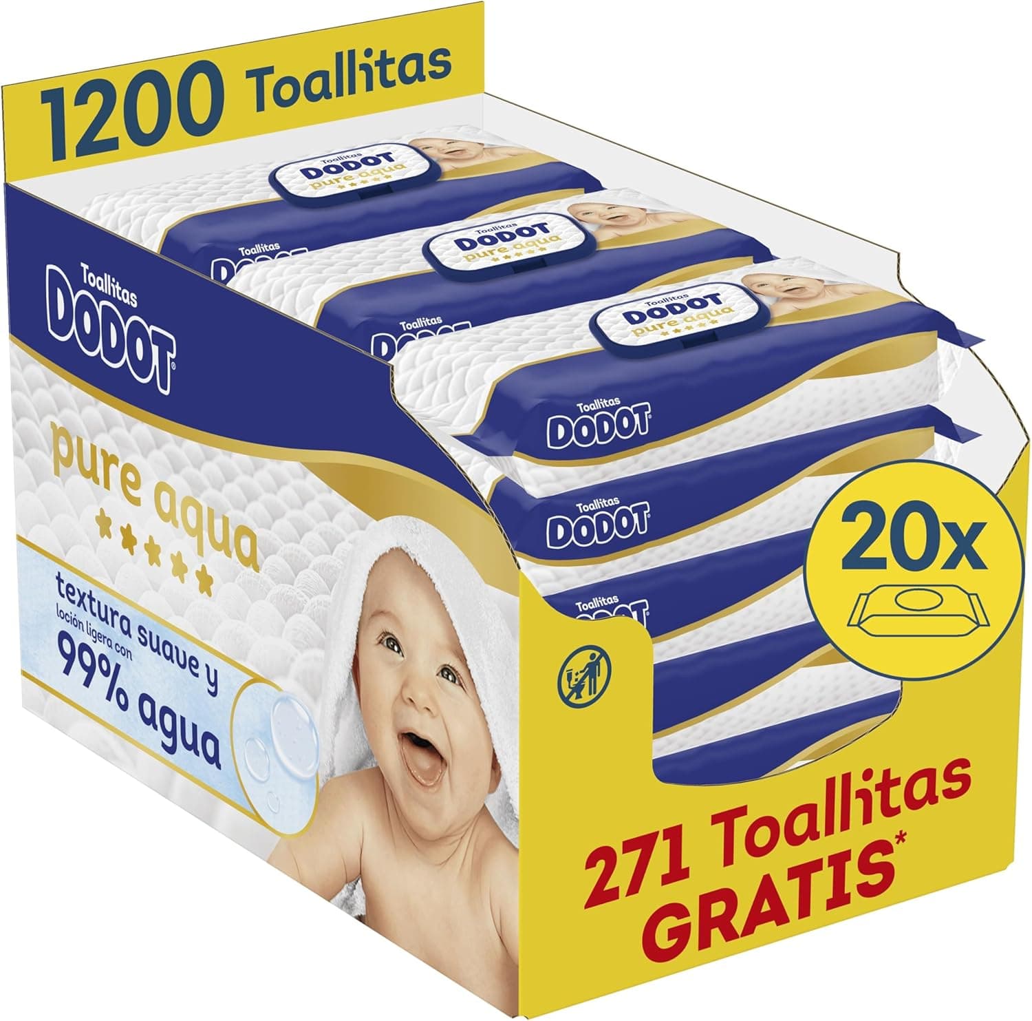 Dodot Pure Aqua Nuevo Toallitas con Textura para Bebé, 20 Paquetes de 60 Unidades = 1200 Toallitas, Textura Suave y Loción con 99% de Agua