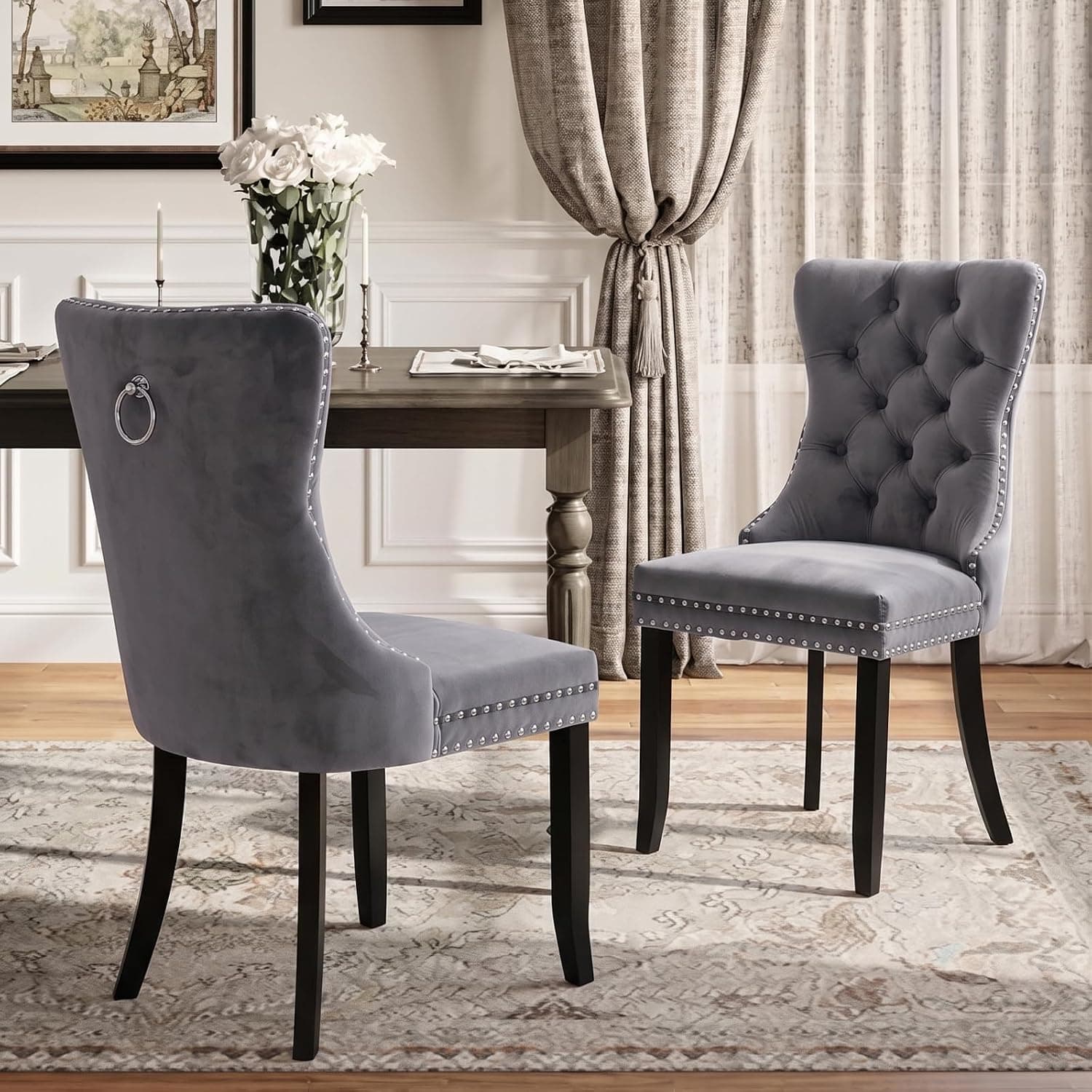 Sillas Comedor Terciopelo Gris, Patas Madera Natural, Juego 2