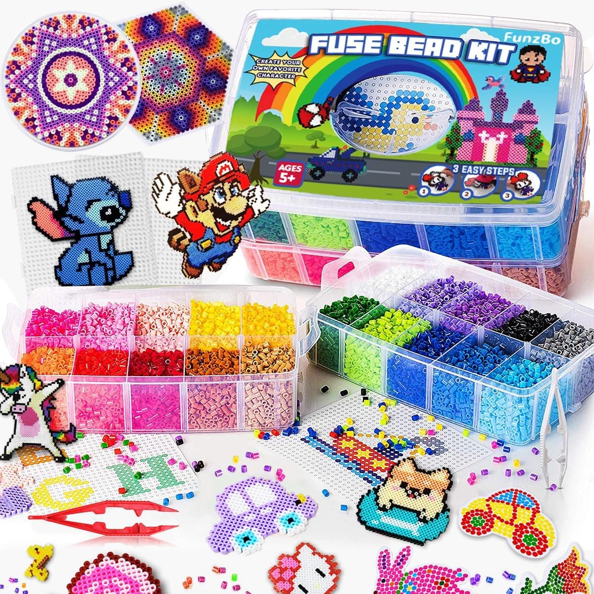 FUNZBO Kit de 23000 cuentas para planchar de 5 mm, 22 colores, 106 patrones, suministros de arte y manualidades para, juego de juguetes, decoraciones artísticas para habitación, regalos para niñas