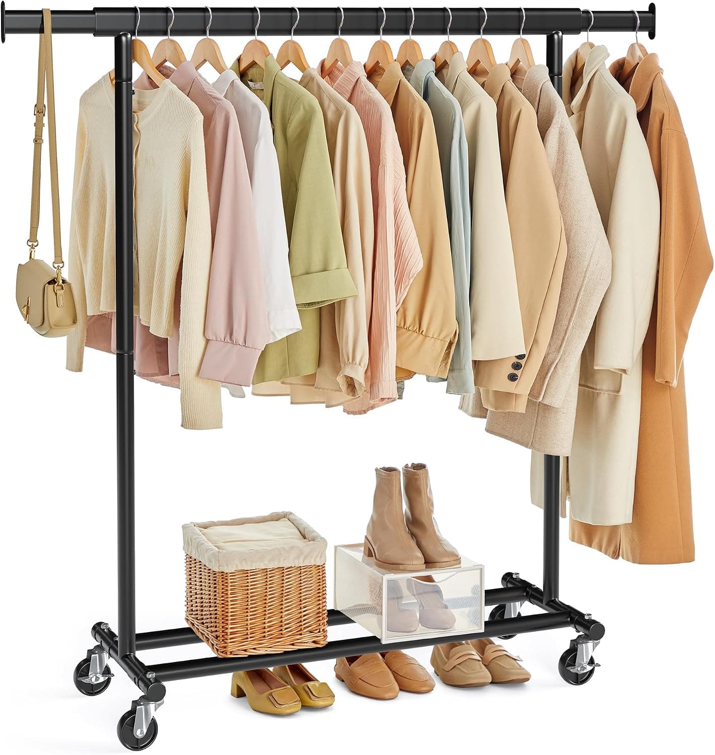 SONGMICS Burro Ropa con Ruedas, Perchero Burro Extensible con Carga Pesada, Capacidad de Carga Máx. de 100 kg, 45 x (92-132) x 161,5 cm, Fácil de Montar, Portátil, Negro HSR13BKV1