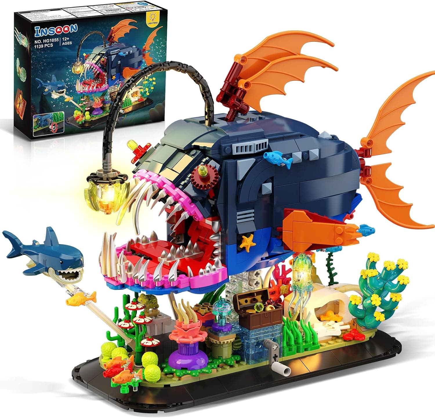 INSOON Set de Construcción de Pez Rape Mecánico con Luces, Bloques Articulados con Tiburón y Medusa, Kit de Animales Marinos de 1139 Piezas, Regalo y Decoración para Mayores de 12 Años