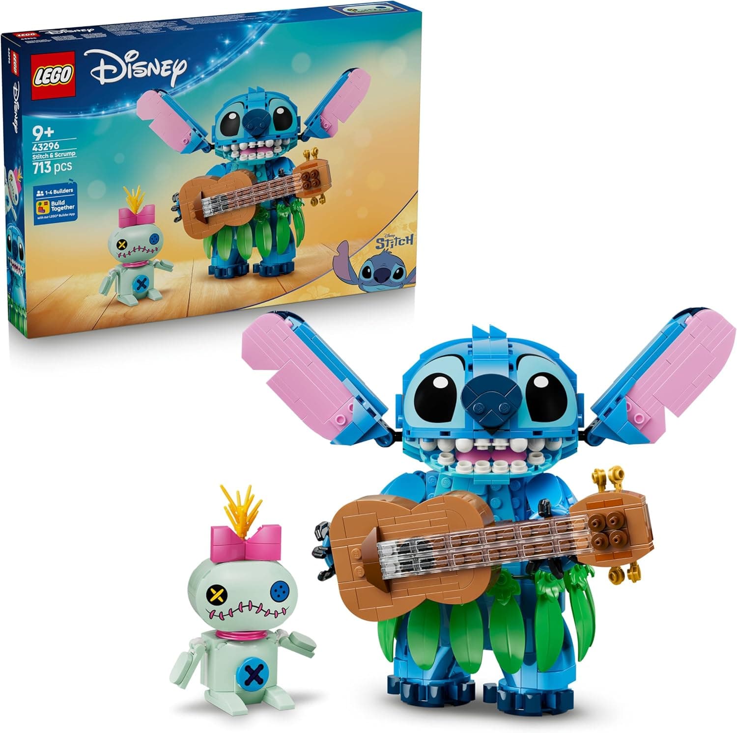 LEGO | Disney Stitch y Scrump de Juguete – 2 Figuras con Accesorios Inc. Ukelele y Peluche – Decoración para la Habitación – Regalo de Cumpleaños para Niñas y Niños de 9+ Años y Fans – 43296