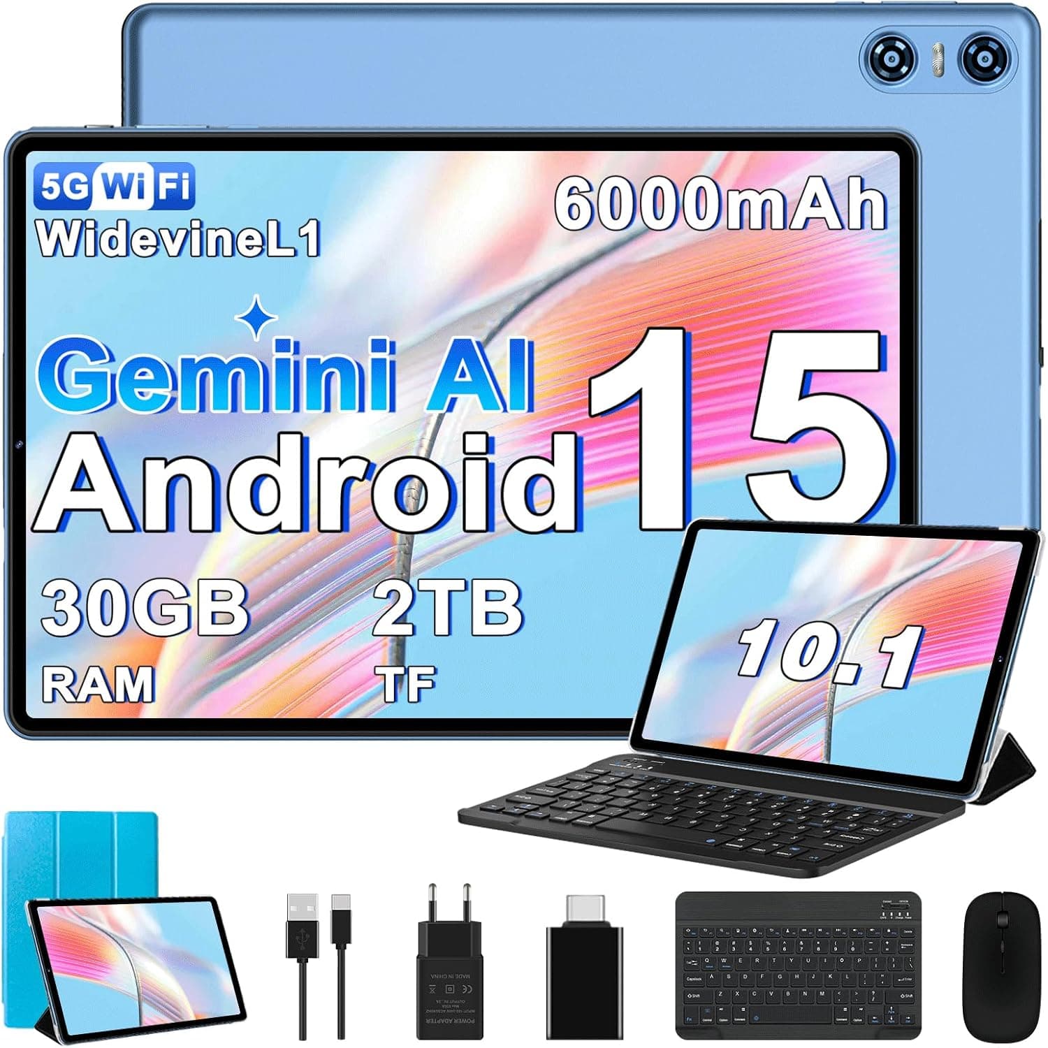 2026 Tablet 10 Pulgadas Android 15, Gemini AI, Octa-Core, 5G WiFi 6, 30GB RAM (2TB TF), Widevine L1, GMS, GPS, BT 5.0, 6000mAh, 5+8MP, 3.5mm Audio, FHD Tablet con Teclado+ Ratón + Funda, Azul