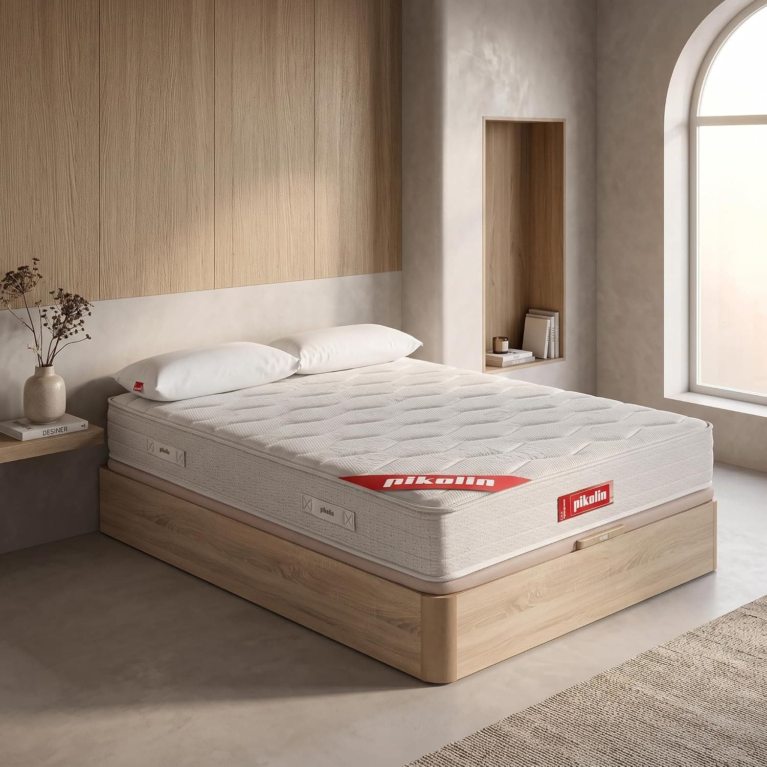 PIKOLIN Pack Colchón Viscoelástico Espuma HR + Canapé Base Abatible de Madera y Almohada de Visco | 150x190 | Natural | Montaje + Retirada Usado Incluido