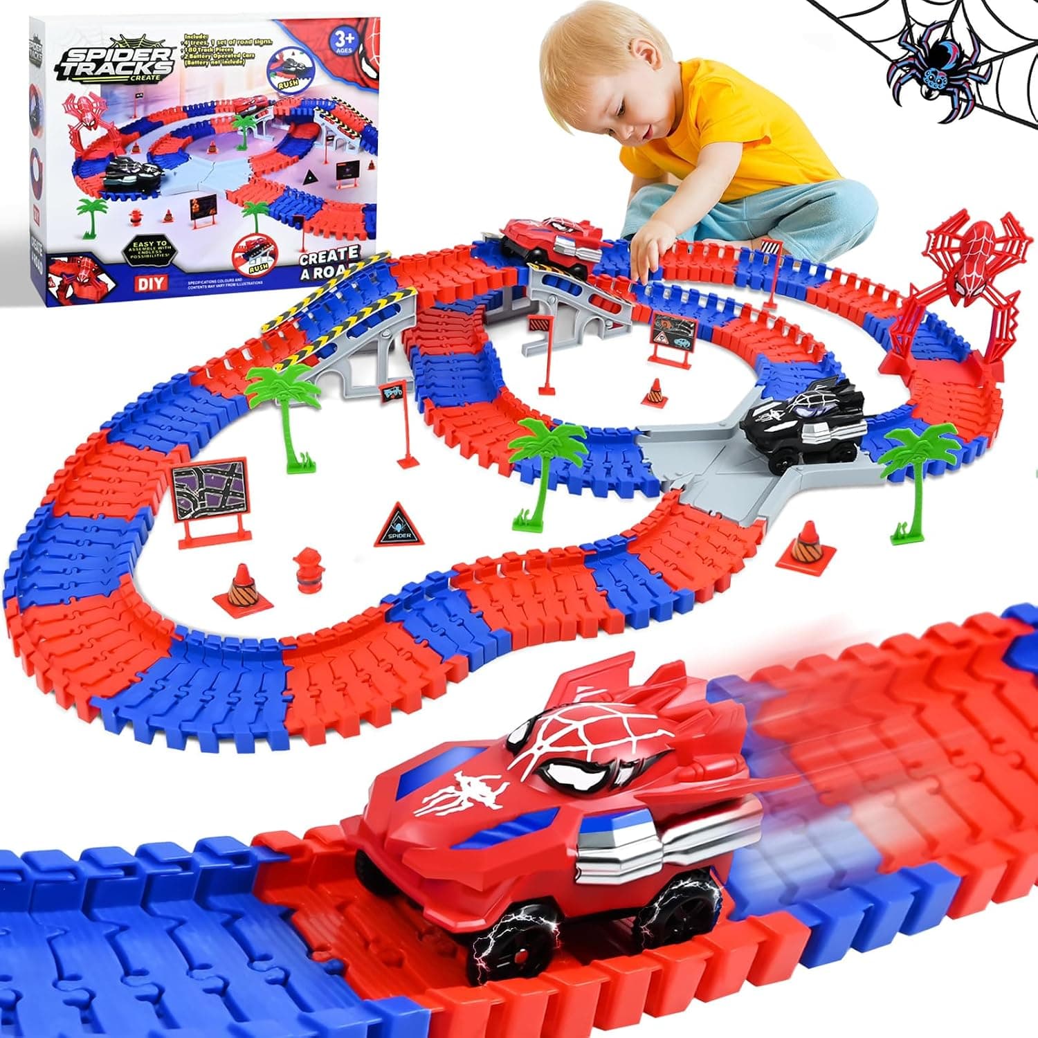 PATEMZON Circuito de Carreras, Pista Spider, Circuito Pista Coches De Juguetes 2 Vehículos, 208 PCS Circuito de Carreras Flexible de 360, Juguetes de Carreras para Niños Mayores de 3 Años