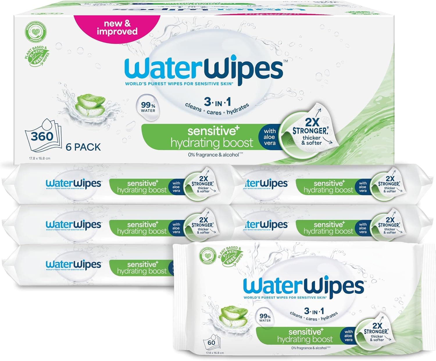WaterWipes Sensitive+ Hydrating Boost Wipes, 6 Paquetes
