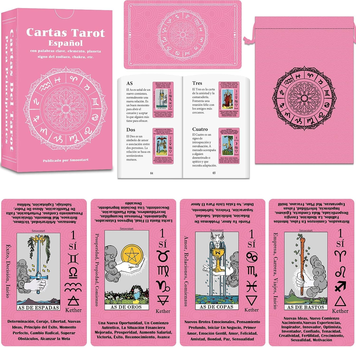 Smoostart Tarot en Español 450 g/m² para Principiantes con Guía y Bolsa