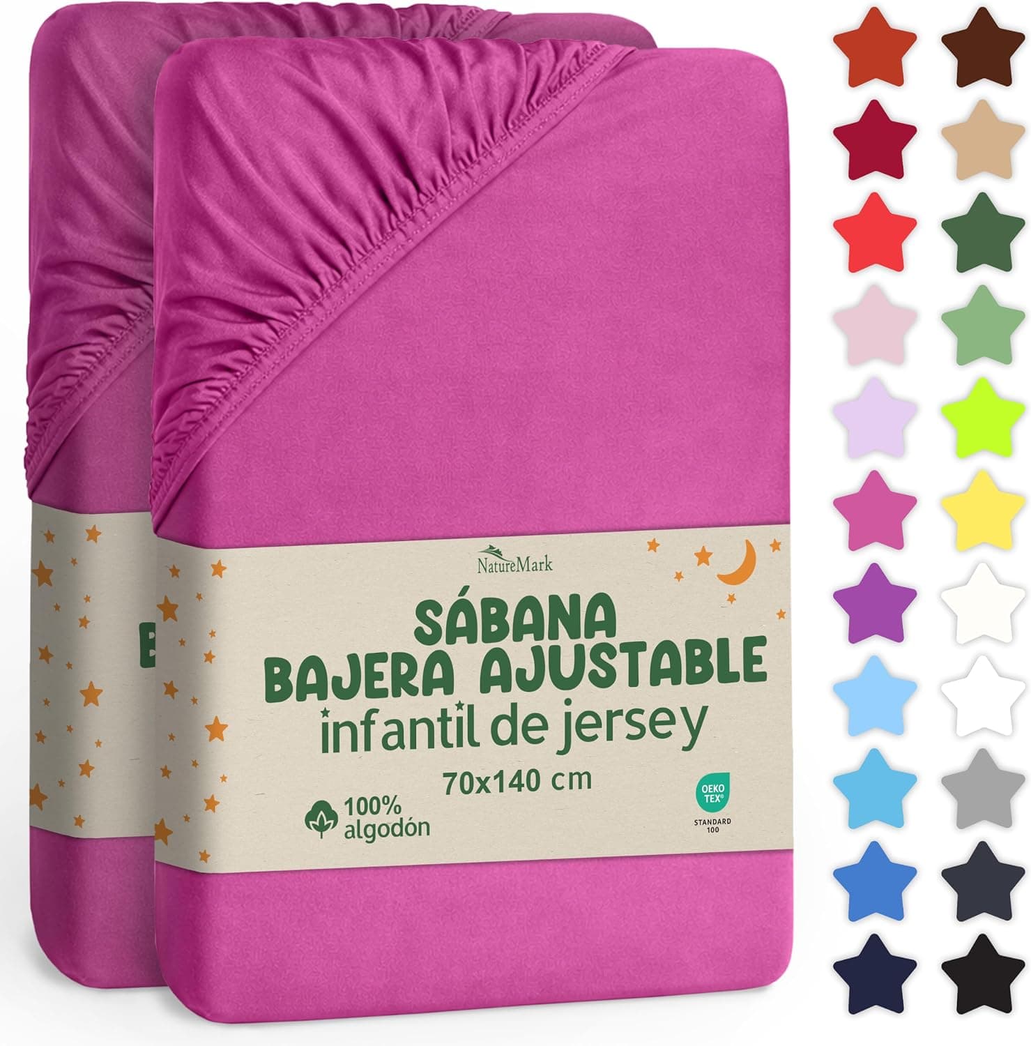 NatureMark Sábana Ajustable para Niños 70x140 cm – Suave Jersey, 100% Algodón, Pack de 2 para Cuna y Camita Infantil, Rosa