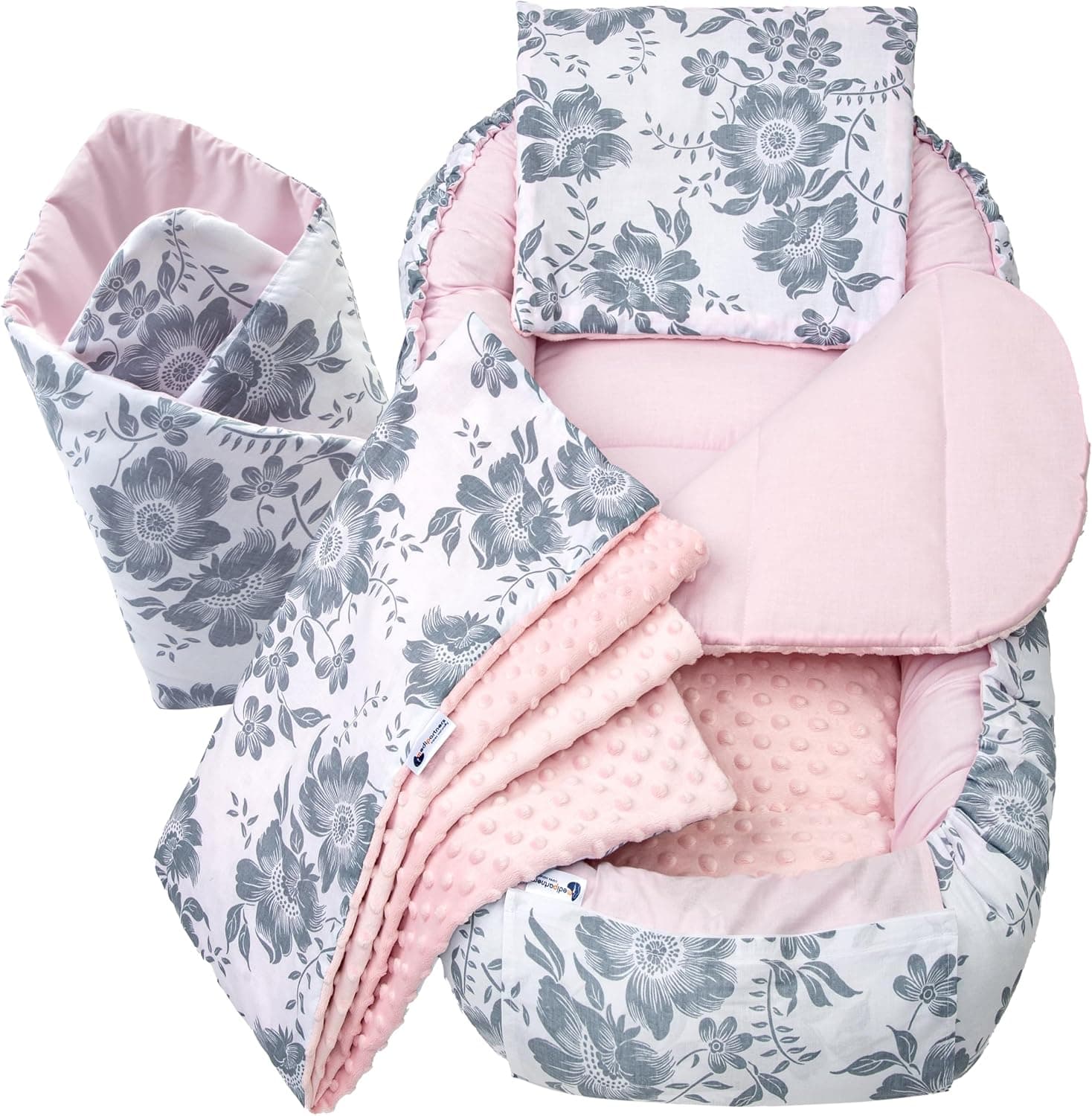 Medi Partners Nido Bebe Recien Nacido Reductor de Cuna - 100x60x15 Juego de 5 Piezas bebés anticolicos Bilateral Portátil o de Viaje 100% Algodón (Berry con Rosa Minky)