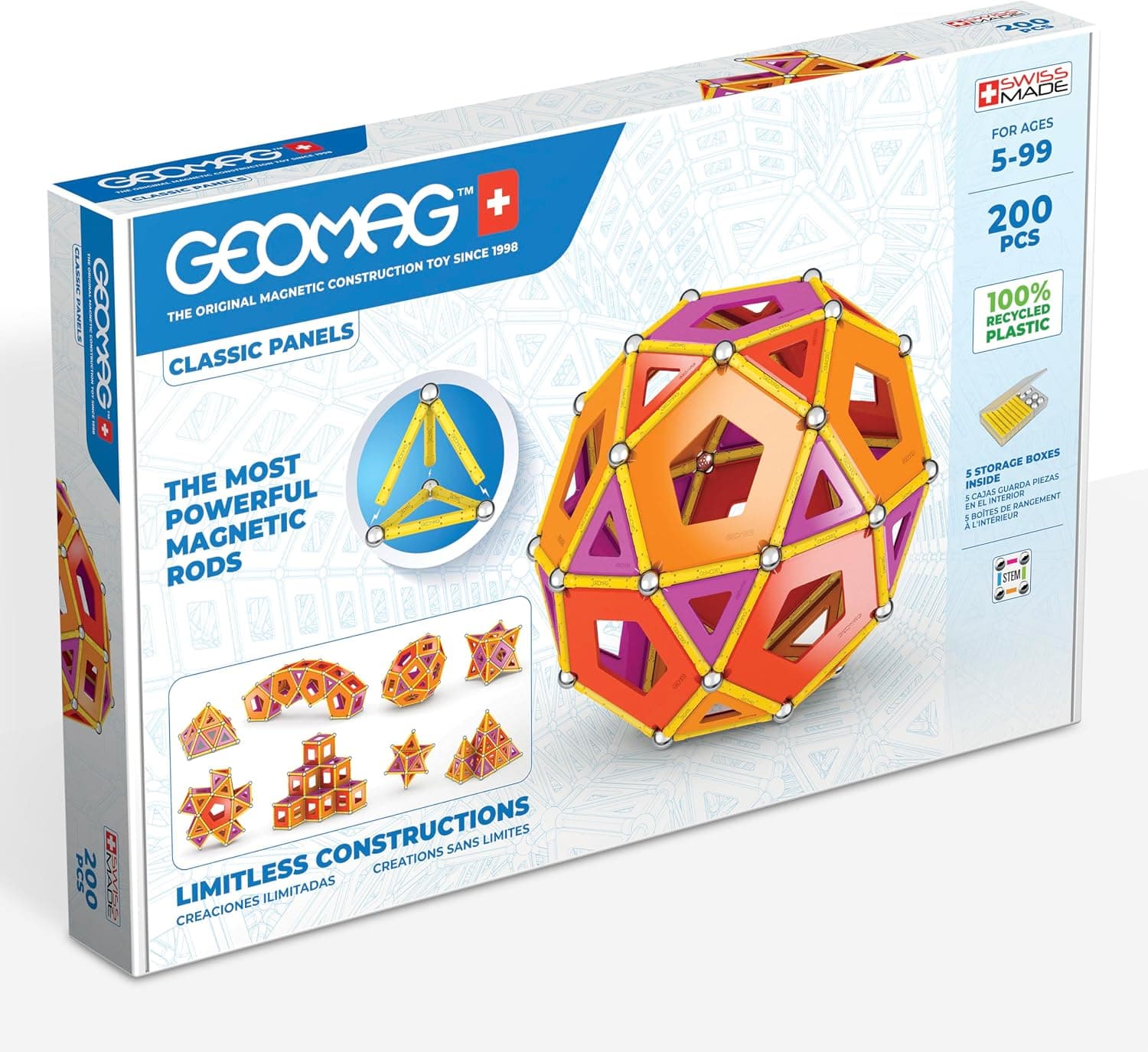 Geomag - Paneles Clásicos de 200 Piezas - Bloques de Construcción Magnéticos para Niños - Green Line - Juguetes Educativos de Plástico 100% Reciclado