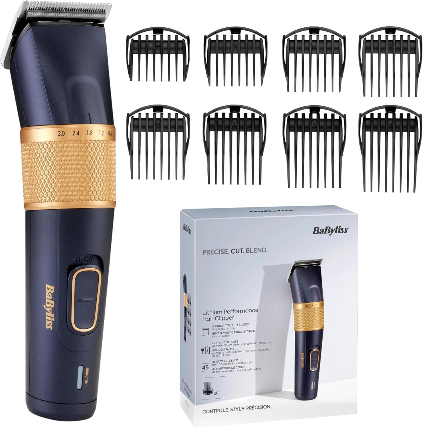 BaByliss Cortapelos Lithium Performance – Cortapelos Profesional inalámbrico, 45 ajustes de longitud (0.6-28 mm), Batería de litio, Maquina de cortar el pelo, Azul oscuro/oro, E986E