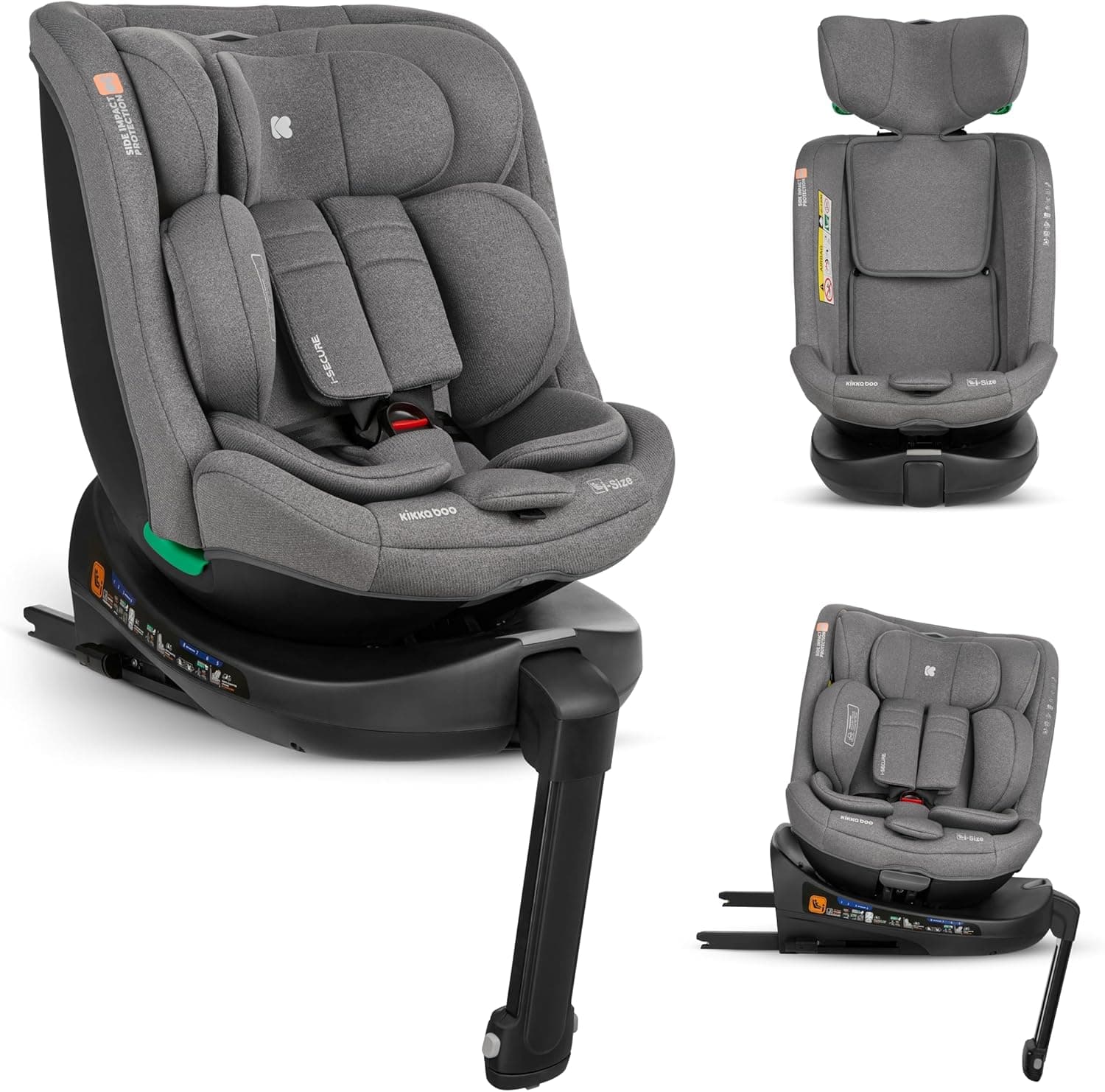 KikkaBoo Silla Coche Bebe Grupo 0 1 2 3 ISOFIX (0-36 kg) i-SECURE, Giratoria 360°, Reclinable, Protección SPS i-Size, Lateral, Arnés de 5 Puntos, 12 Posiciones Reposacabezas, Gris Claro