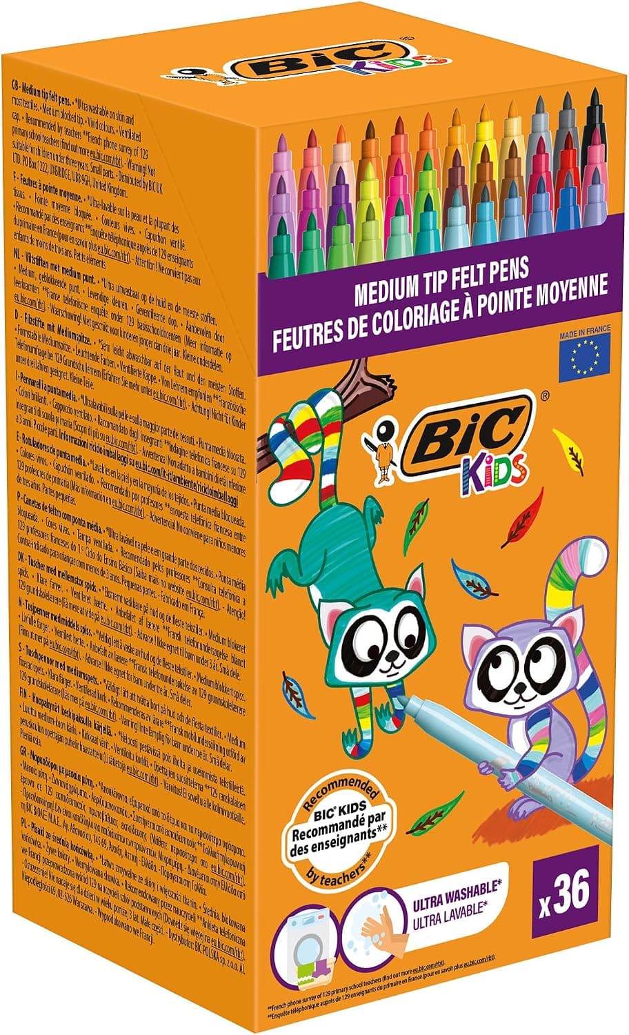 BIC Kids Kid Couleur Rotuladores de Tinta Ultralavable Punta Media - Colores Surtidos, Caja de 36 Unidades, ideal para actividades creativas en casa y colegio
