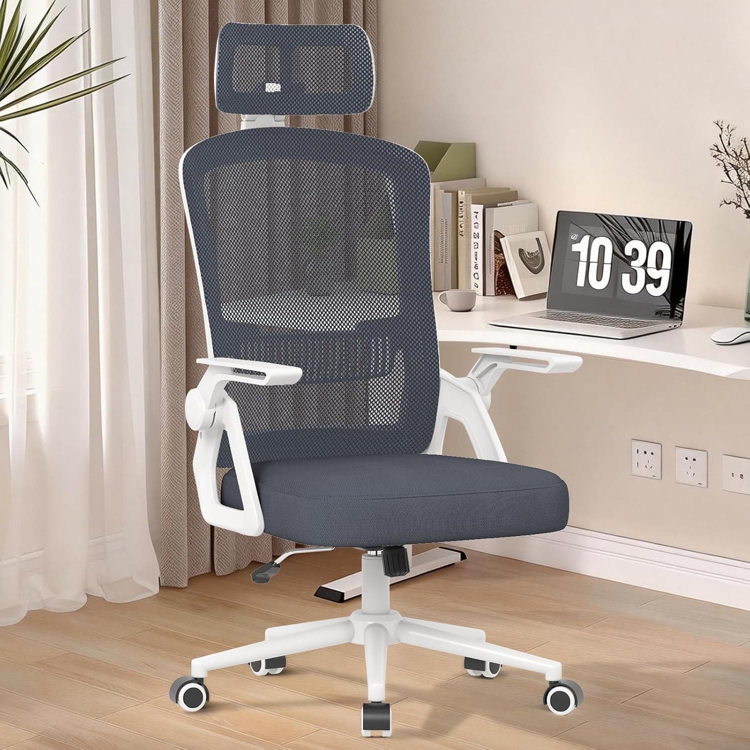 naspaluro Silla Oficina Ergonómica con Reposacabezas Ajustable Gris Claro