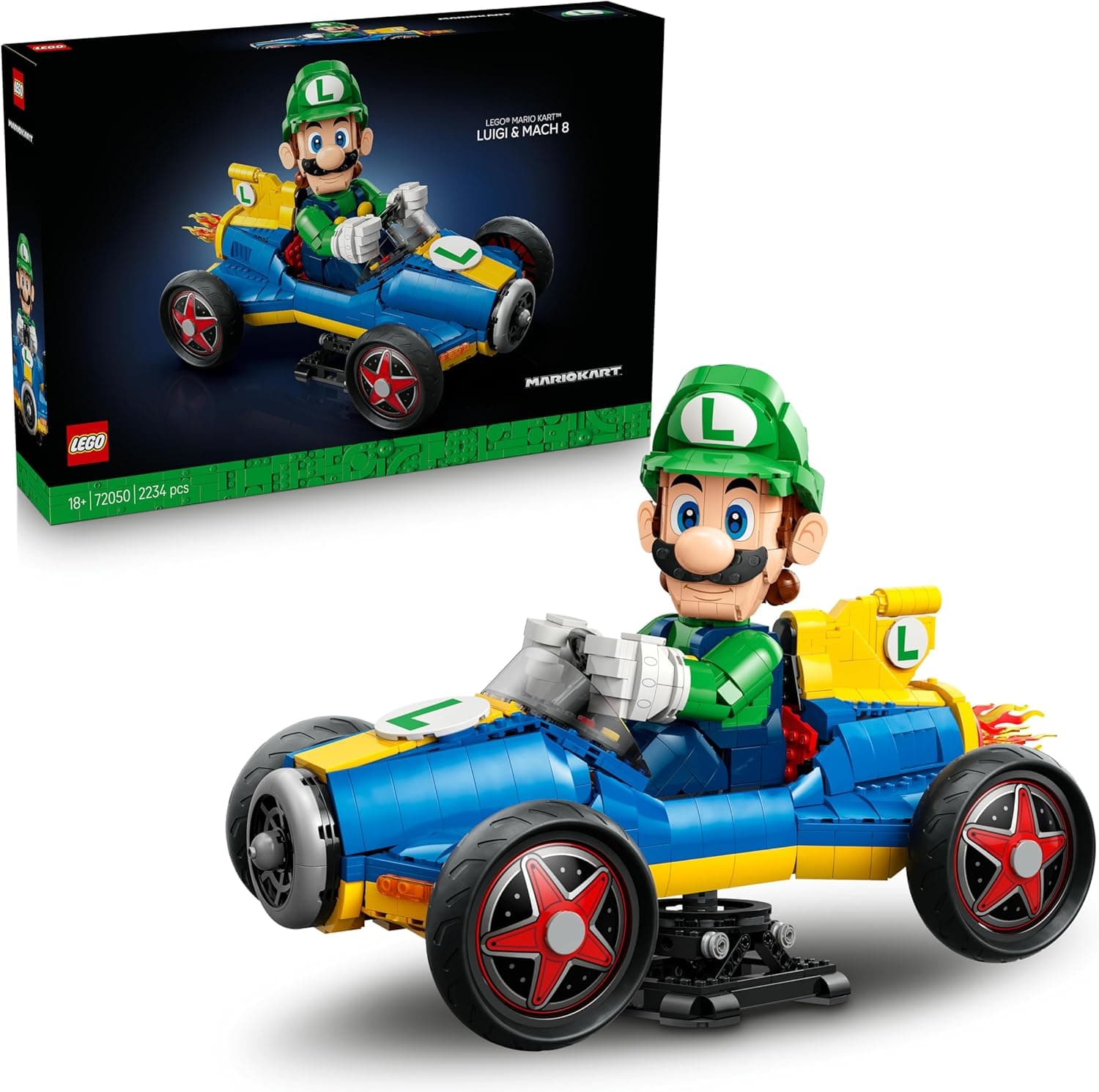 LEGO Mario Kart: Luigi y Mach 8 - Figura Articulada de Personaje de Nintendo Super Mario y Maqueta de Coche para Adultos - Merchandising Coleccionable - Regalo para Gamers y Fans - 72050