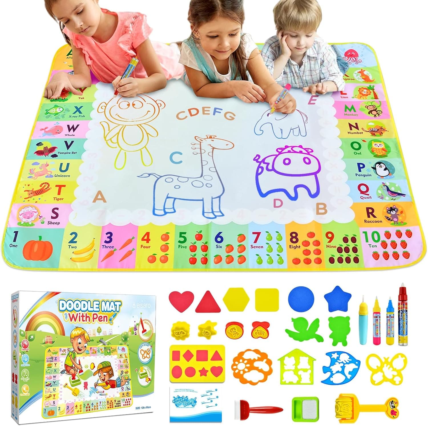Alfombra para Pintar con Agua, Pizarra Mágica Reutilizable 120x90 cm – Juguete Educativo de Aprendizaje Temprano para Niños de 2 a 6 Años, Regalo sin Tinta ni Mancha con 4 Bolígrafos y Libro de Dibujo