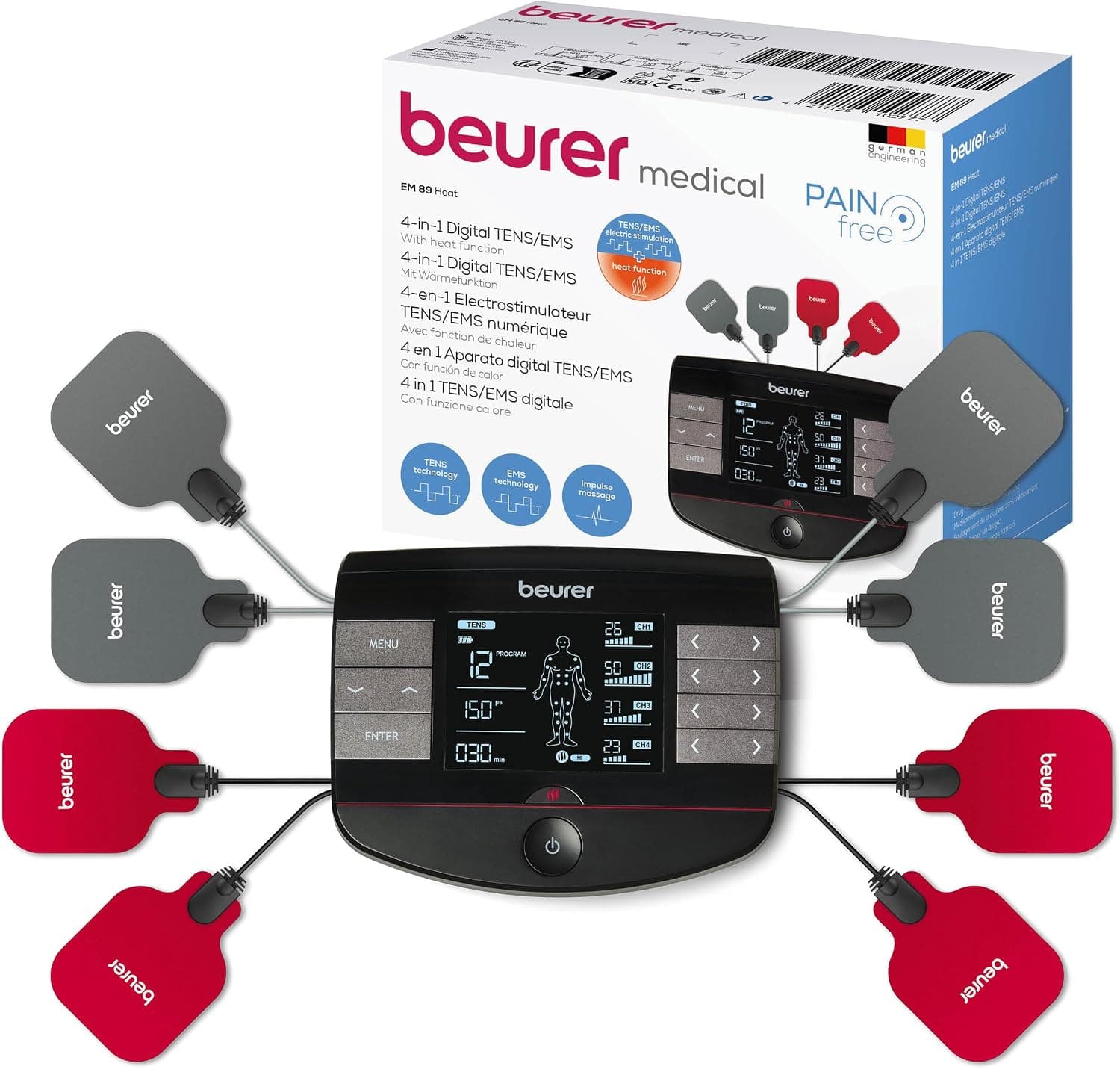 Beurer EM 89 Electroestimulador TENS/EMS con función de calor, función 4 en 1 para el tratamiento del dolor, masaje y termoterapia, 4 canales ajustables por separado, 8 electrodos y batería