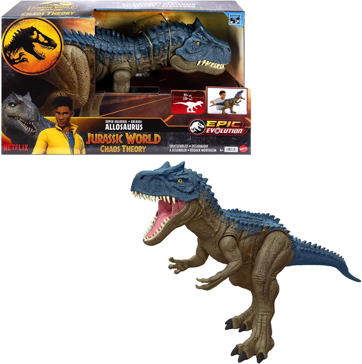 Mattel Jurassic World: Teoría del Dinocaos Netflix - Allosaurus Colosal, Figura de acción grande de dinosaurio de juguete que mide 97 cm de largo, serie Epic Evolution, regalo, +4 años, HRX53