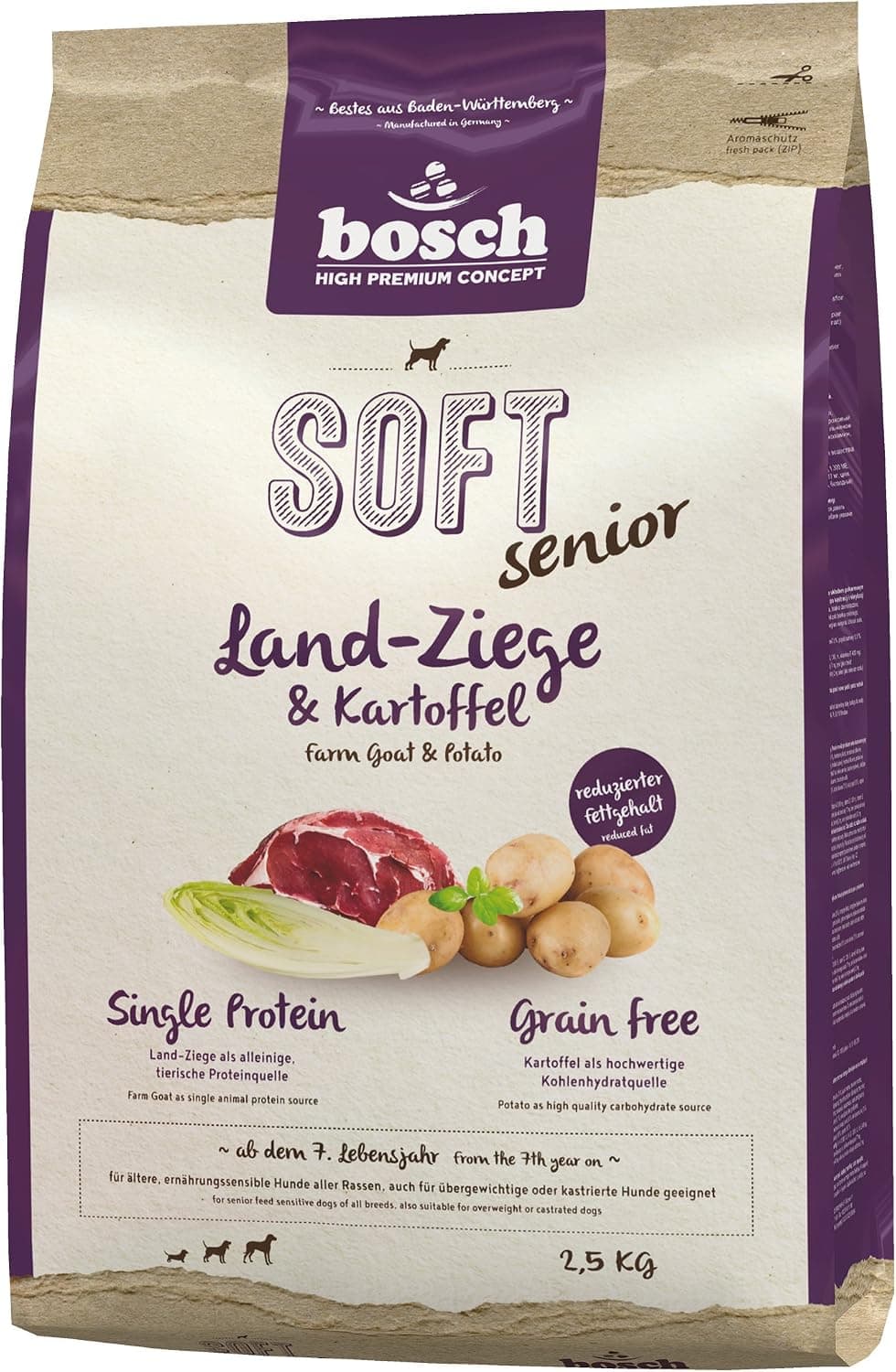 bosch HPC SOFT Senior Cabra y Patata | Alimento semi-húmedo para perros mayores | Perros nutricionalmente sensibles de todas las razas | Monoproteico | Sin cereales | 1 x 2,5 kg
