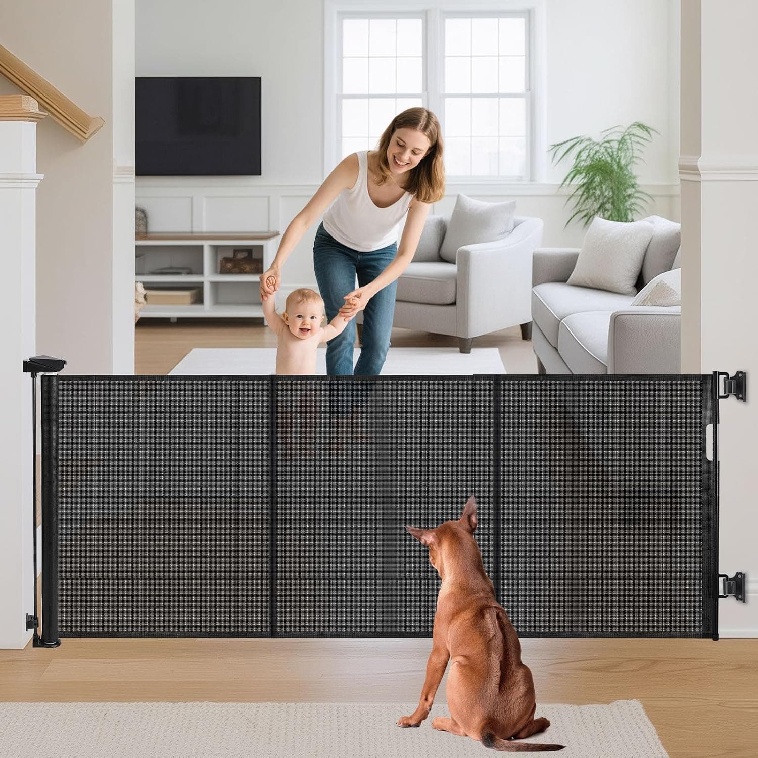 Barrera de Seguridad Retráctil para Niños y Perros, Puerta Seguridad Bebé Extensibles, Retráctil Vallas para Escaleras y Pasillos, Interiores y Exteriores
