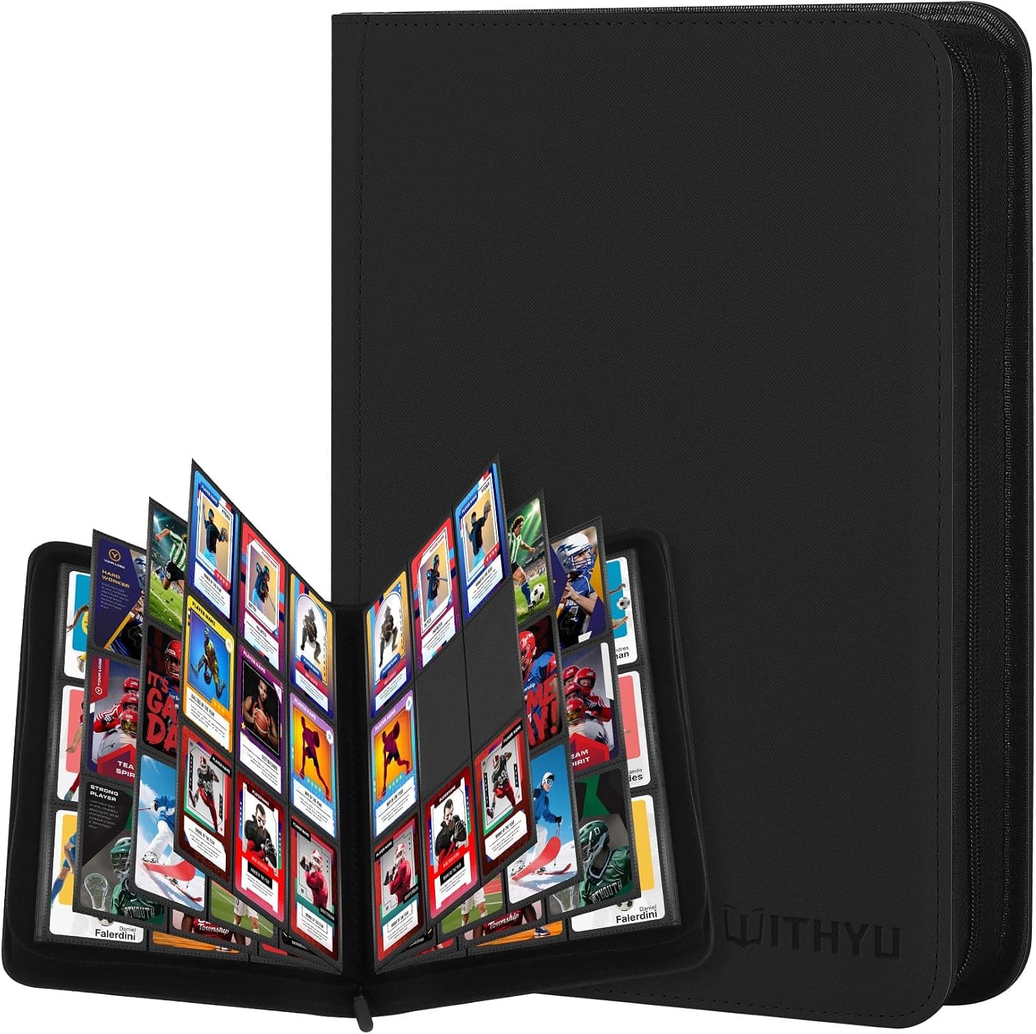 WITHYU Álbum de Colección de Cartas 9 Bolsillos, Capacidad para 540 Cartas - Carpeta Impermeable para Cartas con Carga Lateral y Cremallera para TCG, Fútbol y Coleccionables, Portátil (Negro)
