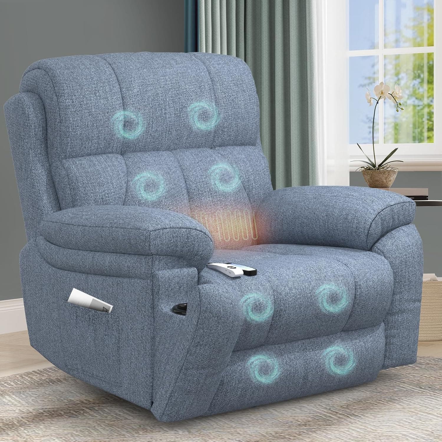 Sillón Relax Reclinable para Personas Mayores, con Masaje y Calor, Reposapiés Extensible, Puertos USB tipo C+, Portavasos Ocultos y dos bolsillos laterales,Reclinable Extragrande tipo Sofá para salón