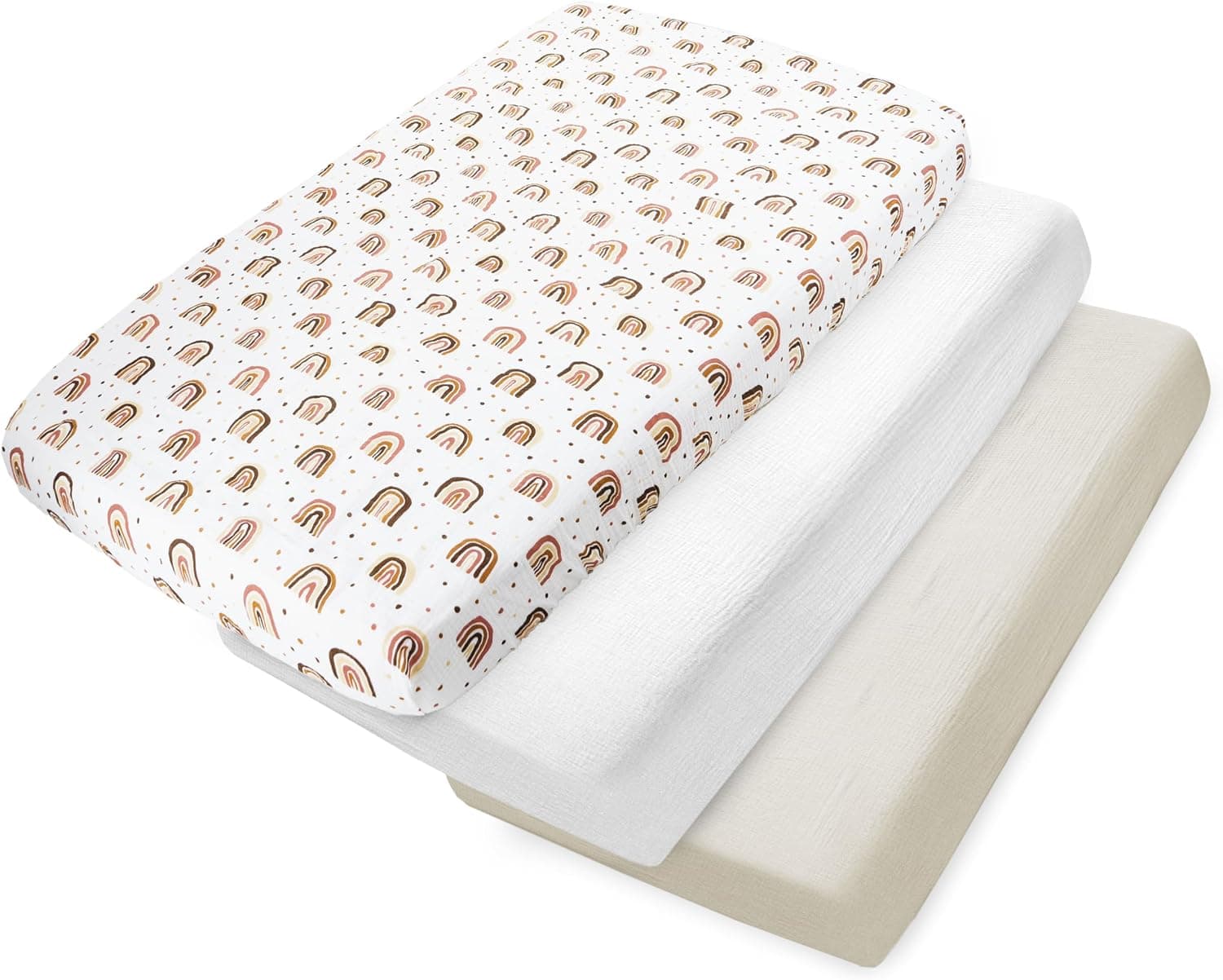 Medi Partners Sabana Bajera Cuna 70x140 Set de 3-100% Algodon Sabanas de Algodón Muselina Bebe Ropa de Cama para Bebés Dormir Cuna Fitted Bed Sheet Protector(Arcoíris-Blanco-Beige)