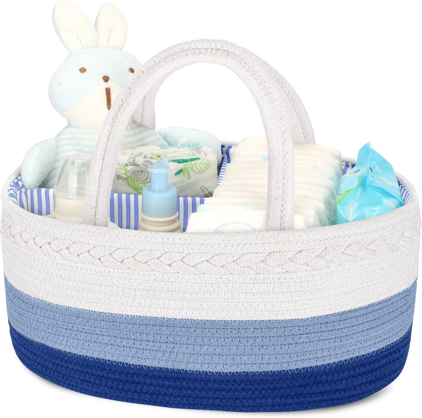 Maliton Organizador para cambiador, cesta organizadora para bebé, cesta de almacenamiento para cambiador, contenedor para pañales con compartimentos y asas, regalo para recién nacidos, Blanco y azul