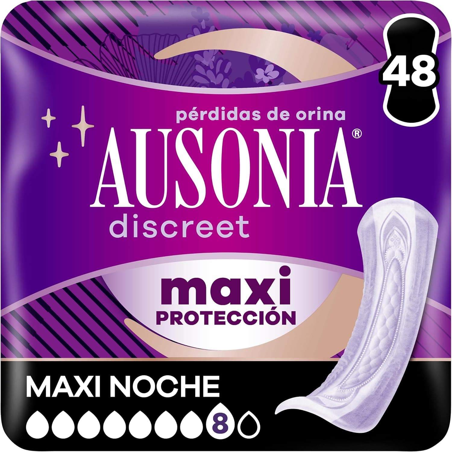 Ausonia Discreet Compresas Ultra Día Y Noche, Pack de 48, Para Pérdidas De Orina Para Mujer, Extra Segura Y Discreta