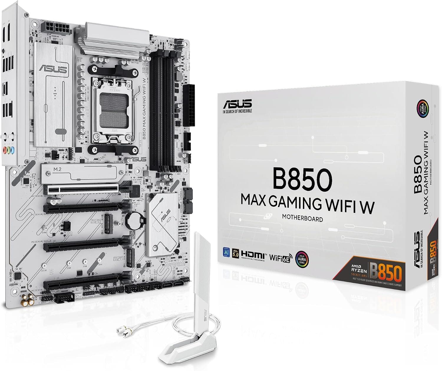 ASUS B850 MAX Gaming WiFi W - Placa Base AMD B850 ATX, Blanco, DDR5, PCIe 5.0, Ranuras M.2, Wi-Fi 6E, 2.5Gb Ethernet, DisplayPort, HDMI, USB Tipo-A y Tipo-C, BIOS Flashback, Aura Sync
