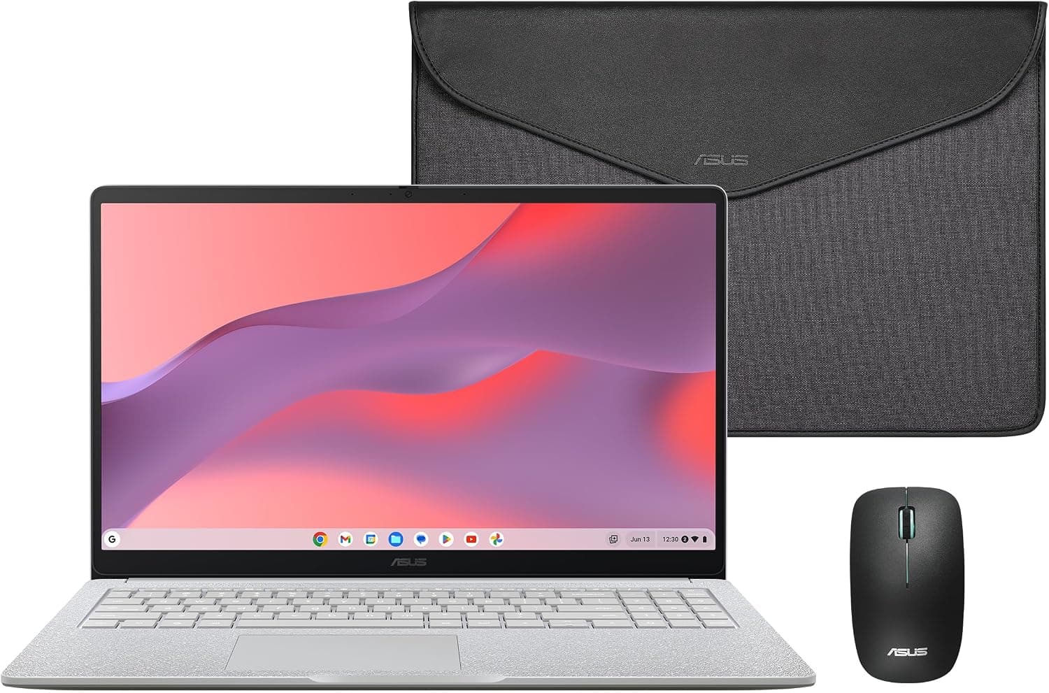 ASUS Chromebook CX1505CTA - 15.6" Full HD Laptop (Intel N50, 4GB RAM, 128GB eMMC, ChromeOS) QWERTY Case and Mouse Included +3 Months Google AI Pro with Gemini Pro and 5TB Storage