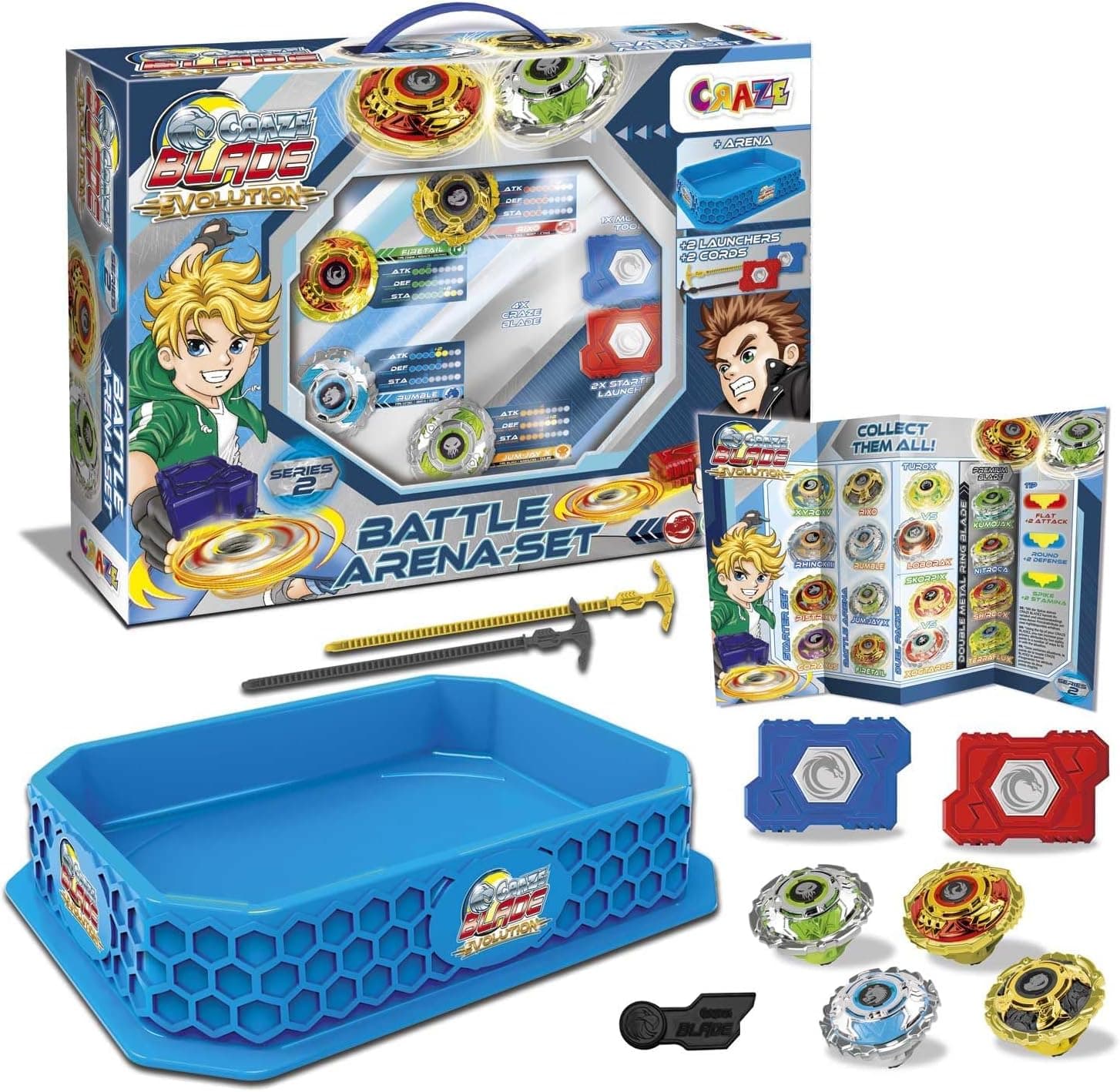 CRAZE Blade Set Peonzas de Batalla 4 Peonzas con Lanzadores y Estadio Arena de Combate Trompo con Punta Giratoria Peonzas Niños Juguete Multicolor