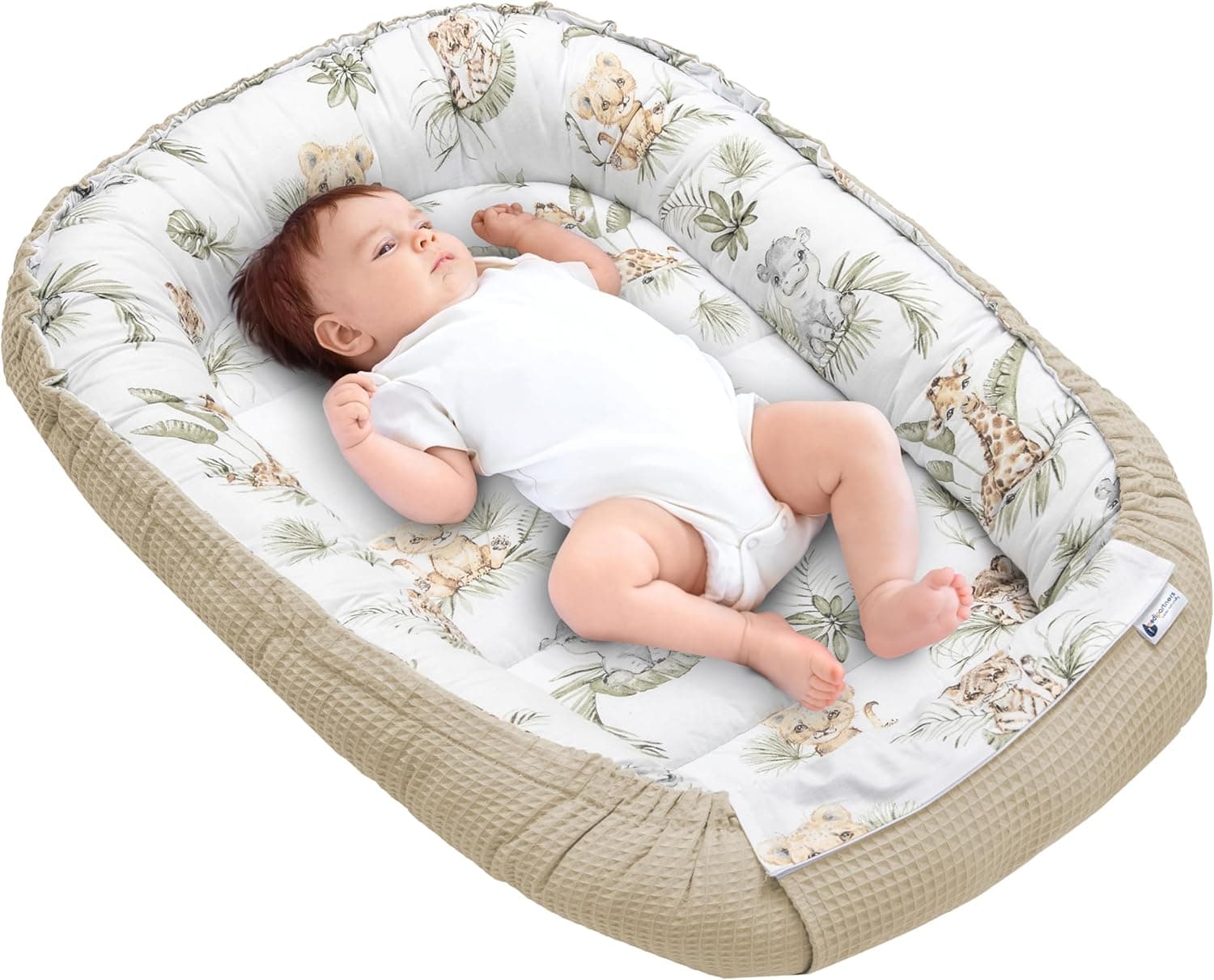 Medi Partners Nido Bebe Recien Nacido Reductor de Cuna - 100x60x15 Portátil o de Viaje de Colecho anticolicos Bilateral Bebés 100% Algodón Gofre (Safari con Gris Gofre)