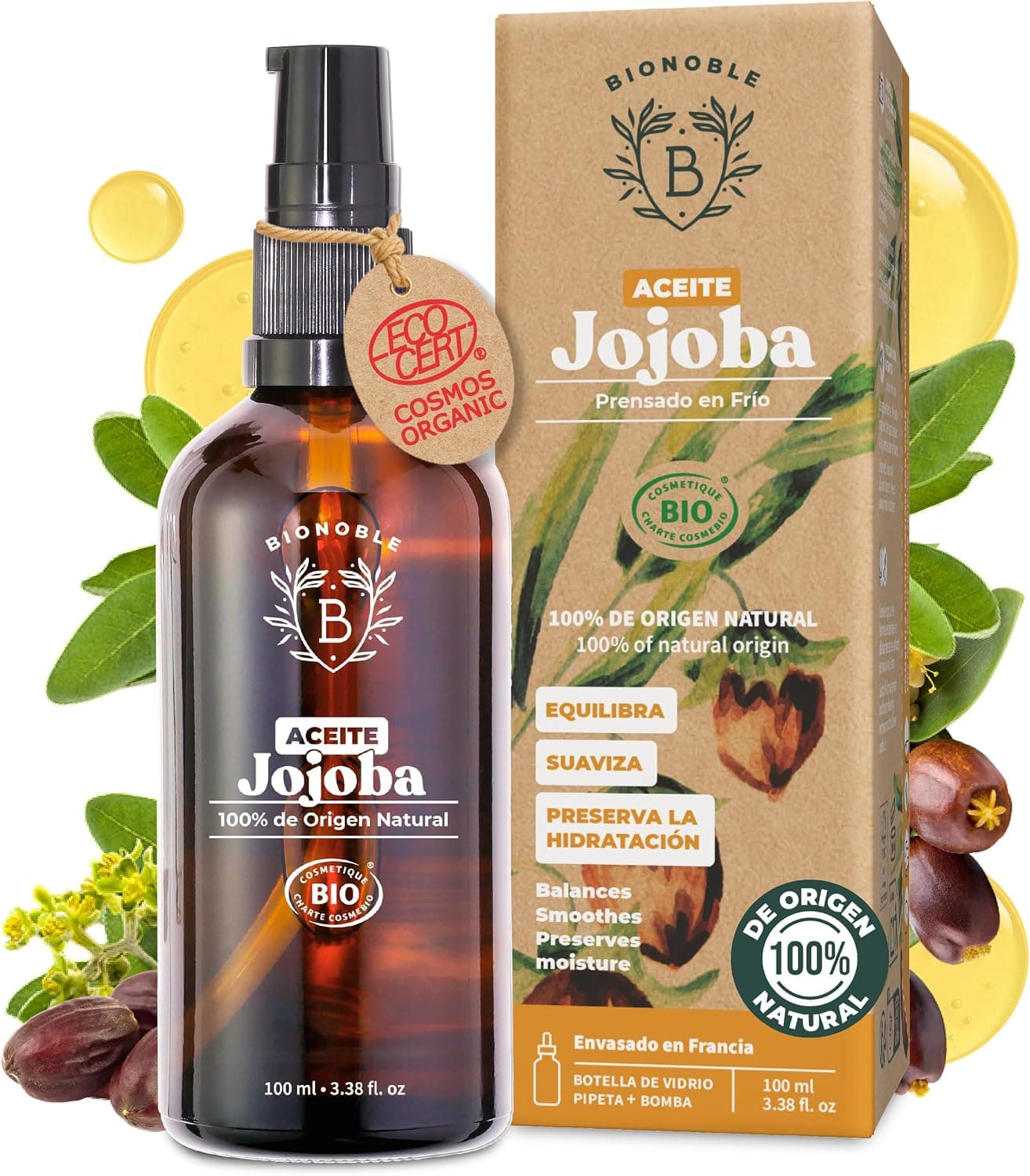 BIONOBLE Aceite de Jojoba 100 Puro y Natural, Bio - Pelo, Piel - 100ml
