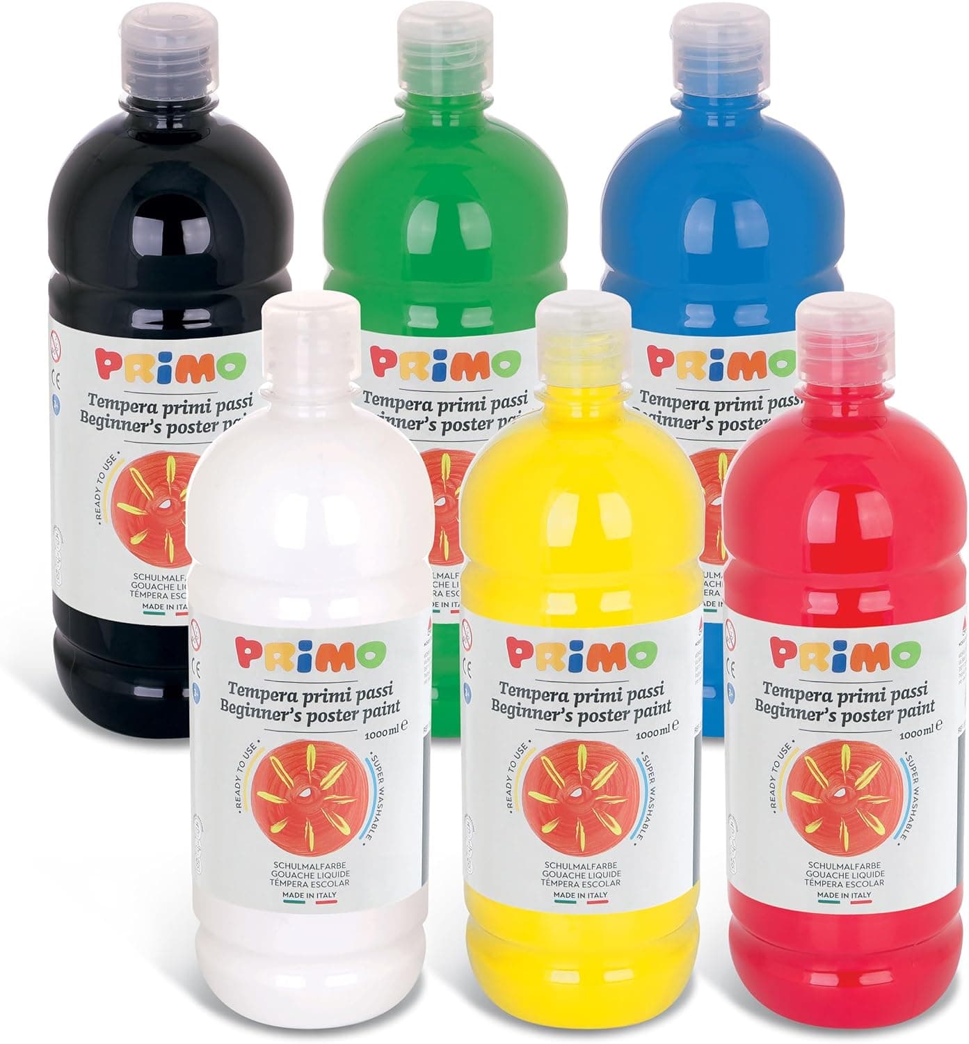PRIMO - Témperas para Niños +3 Años Lavables, 6 Colores para Pintar de 1L con Dosificador Ideal para Papel, Tela, Cristal y Otras Superficies, Manualidades Creativas y Material Escolar, Made in Italy