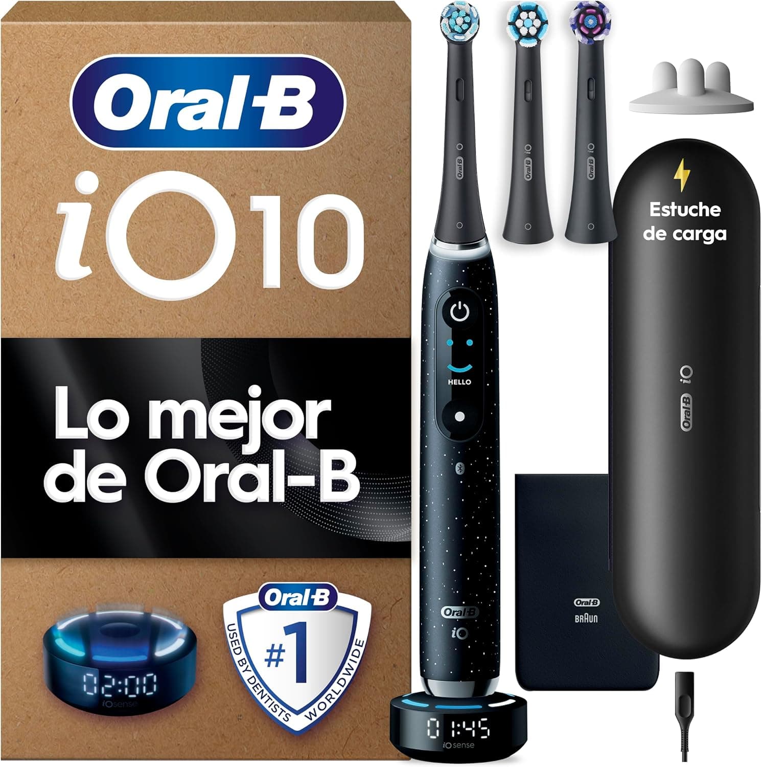 Oral-B iO 10 Cepillo de Dientes Eléctrico con Mango Recargable, 3 Cabezales de Recambio y Estuche de Viaje con Cargador, Diseñado por Braun, Regalos Originales para Mujer y Hombre - Negro