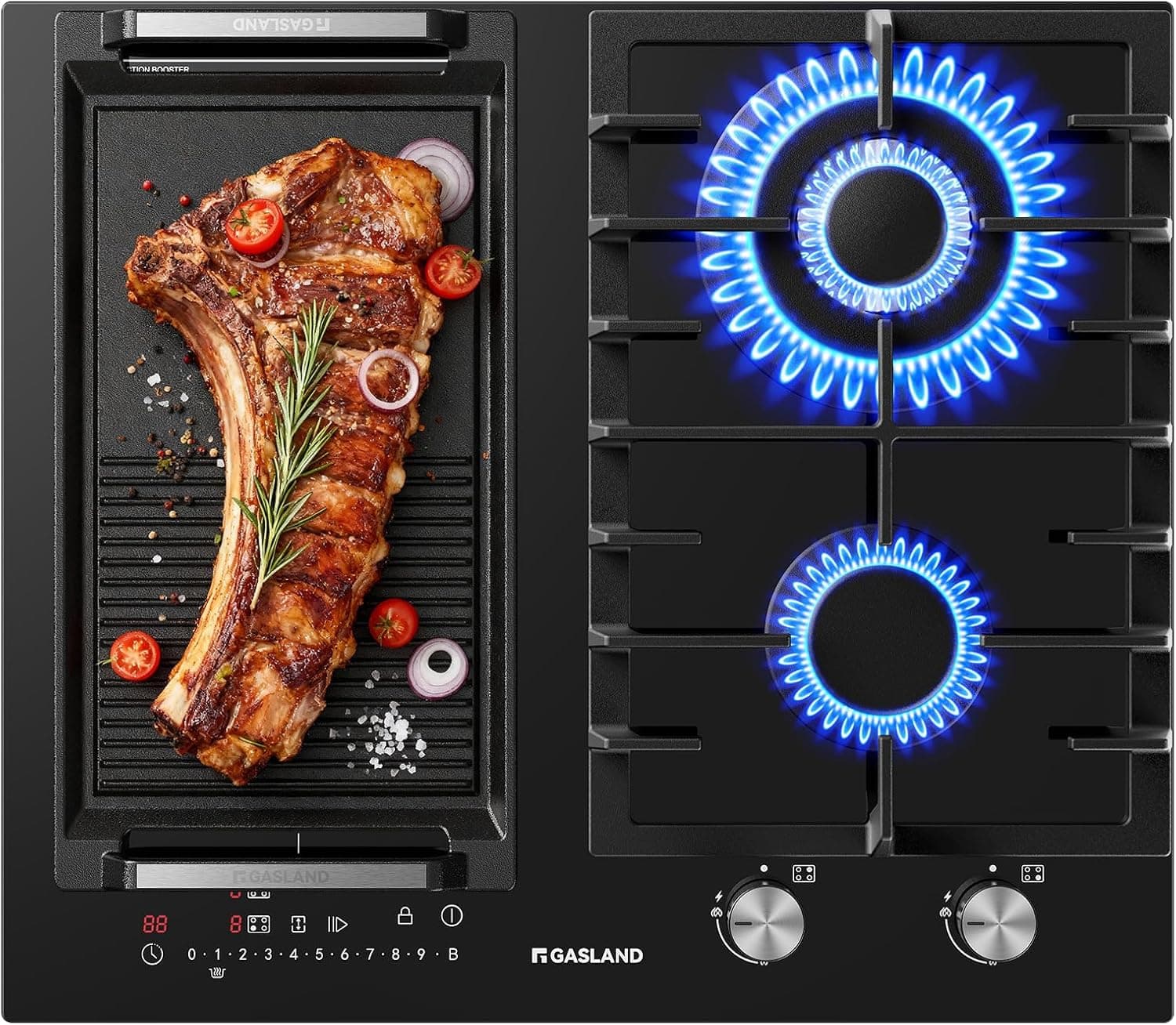 GASLAND GIH604BF Placa gas + inducción 60 cm, Gas 5200 W con quemador wok, Inducción 3500 W con función BBQ, Vidrio negro empotrable (Sin sartén)