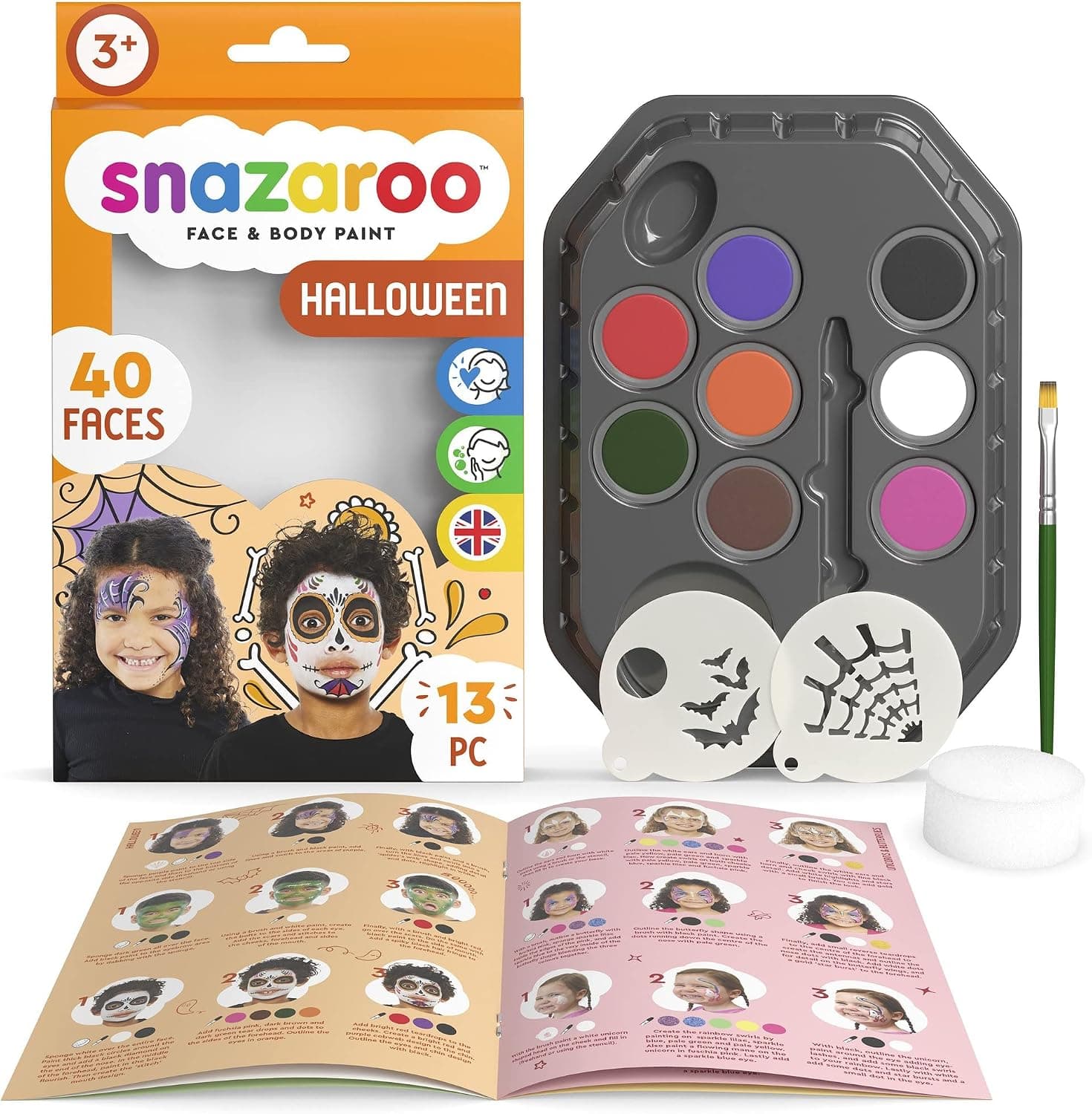Snazaroo - Kit de Pintura Facial Personajes de Halloween para Niños y Adultos, 8 Colores, 2 Plantillas, 1 Pincel, 1 Esponja, 1 Guía Paso a Paso, Base de Agua, Maquillaje Pintacaras