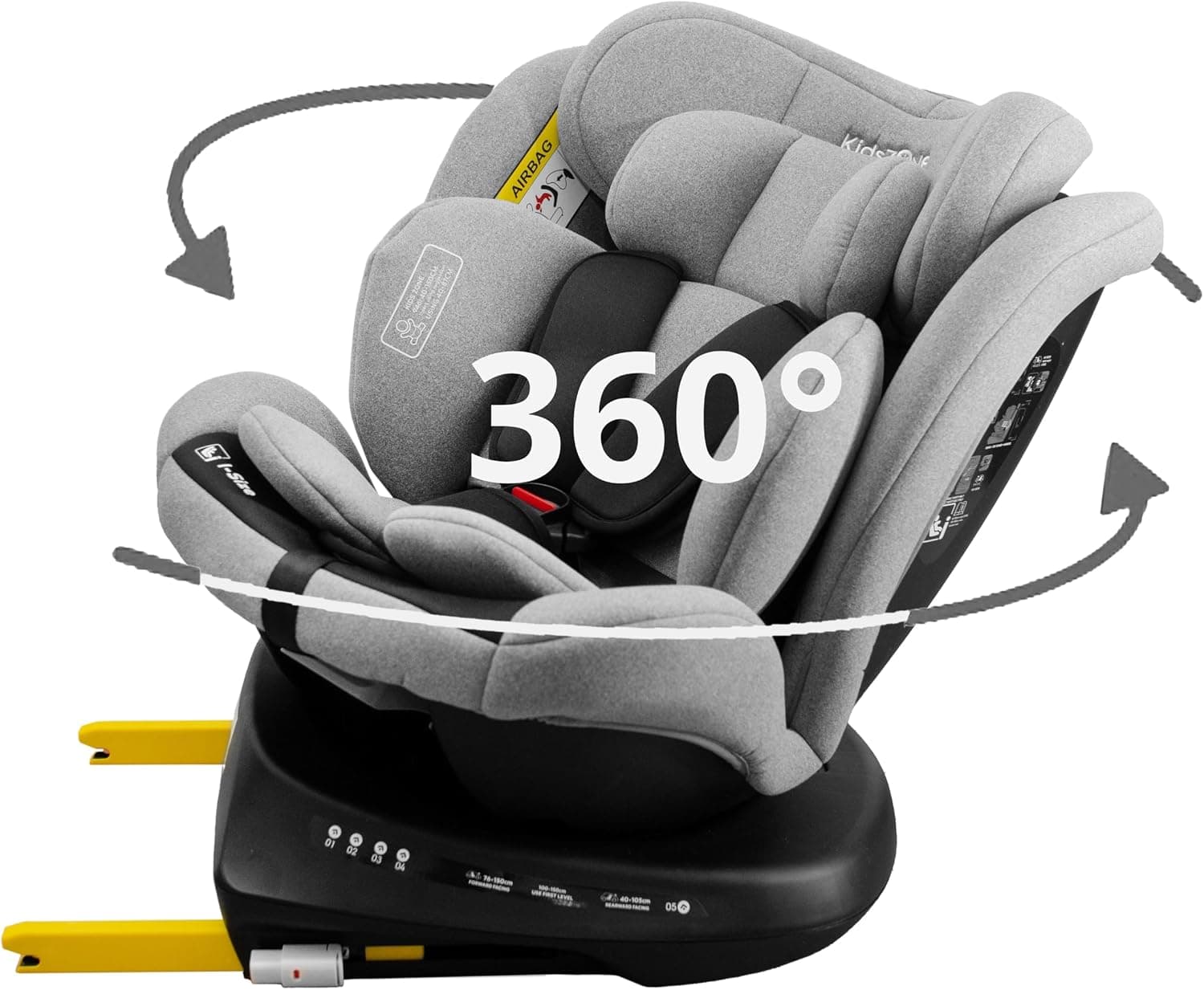 KidsZone Silla de Coche Isofix Giratoria 360° - Silla Coche Bebe Grupo 0+/1/2/3 0-36kg, 0-12 años, 40-150 cm - Reclinable, Ajuste de Altura – i-Size ECE R129, Gris