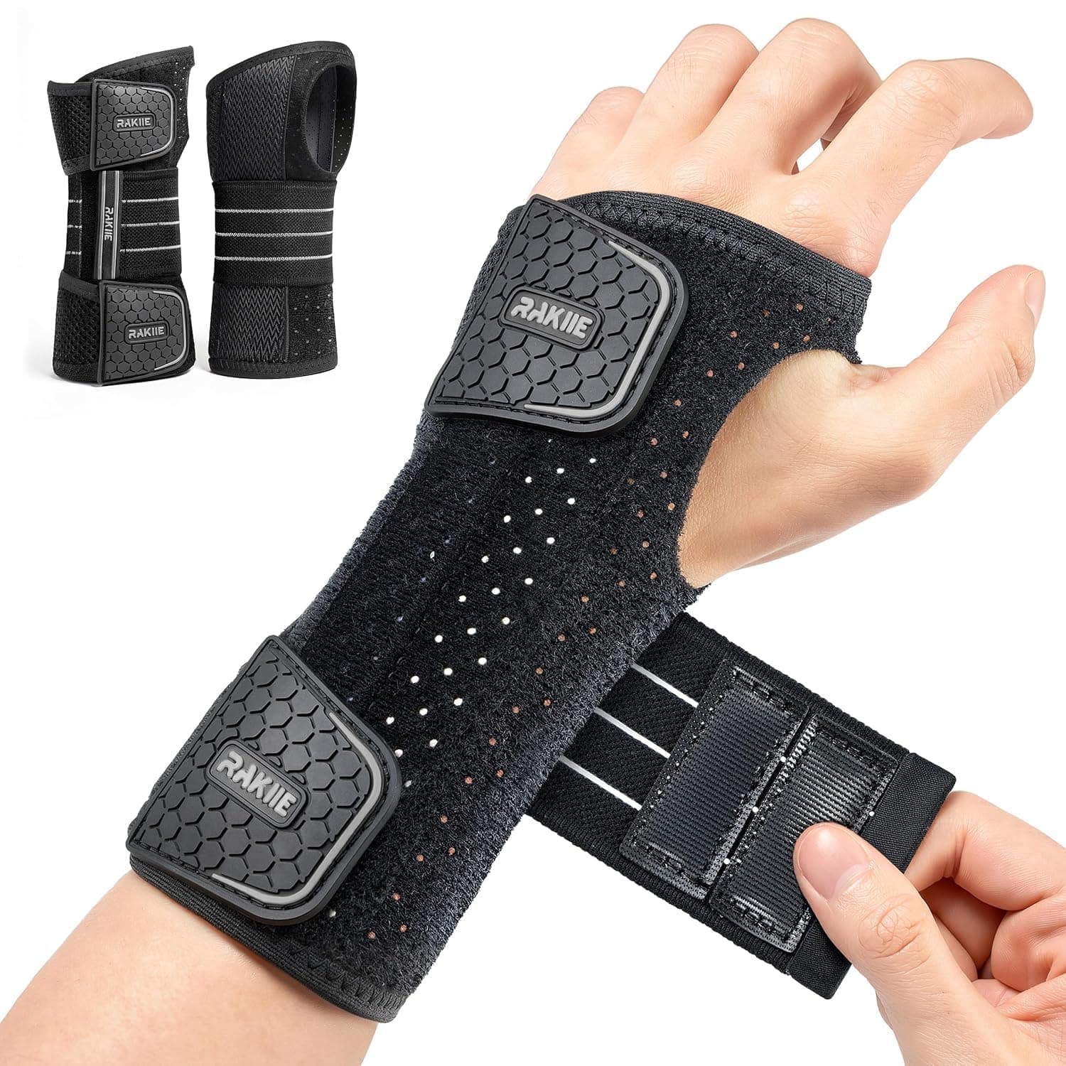 Rakiie 2 Férulas de Muñeca para Túnel Carpiano, Soporte Nocturno Ajustable con 3 Férulas Metálicas, sin Presión en el Pulgar, Unisex para Mano Izquierda/Derecha, Gris Talla M