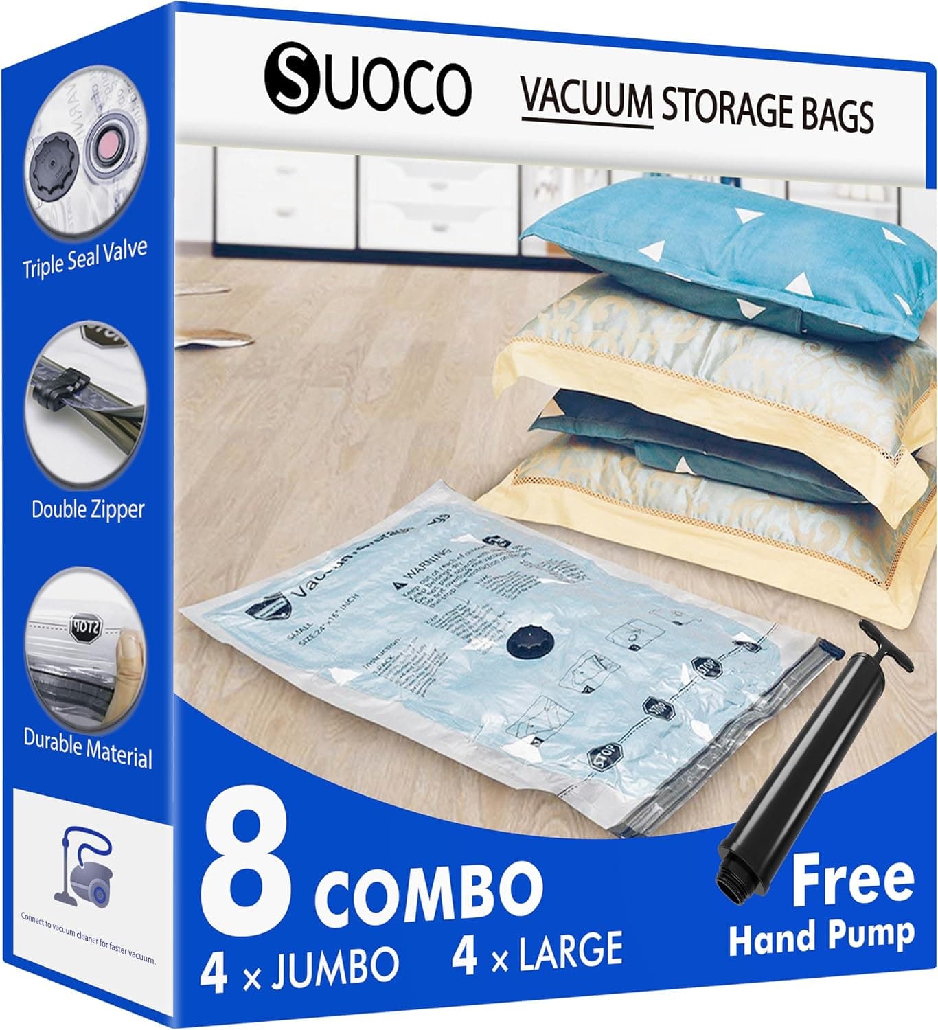 SUOCO bolsas de vacío ropa con bomba, 4 XL/4 Grandes, bolsas de almacenaje al vacío para ropa de cama, viaje y mudanza