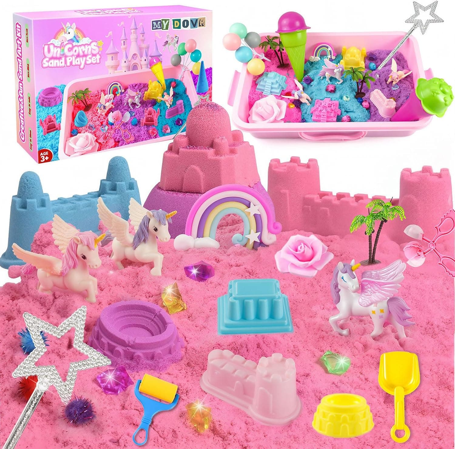 Juego de Arena para niñas con temática de Unicornio, Juguetes sensoriales para niñas con Arena de amasar Arco Iris de 1,1 kg, Modelos de Crema de Hielo y Castillo, Herramientas de construcción