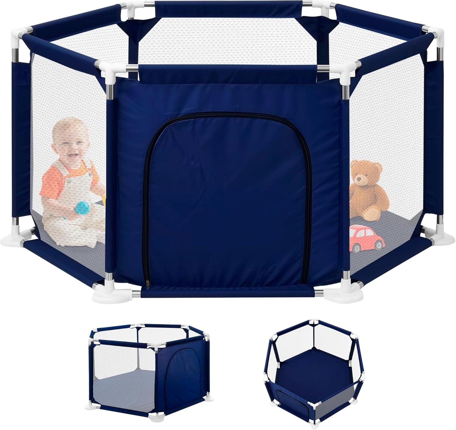 JUPPLIES Parque Infantil Bebe 127x127cm Hexagonal – Corralito Bebe con Malla Transpirable – Parque de Juegos Bebe con Puerta Lateral – Playpen Bebe sin Pelotas
