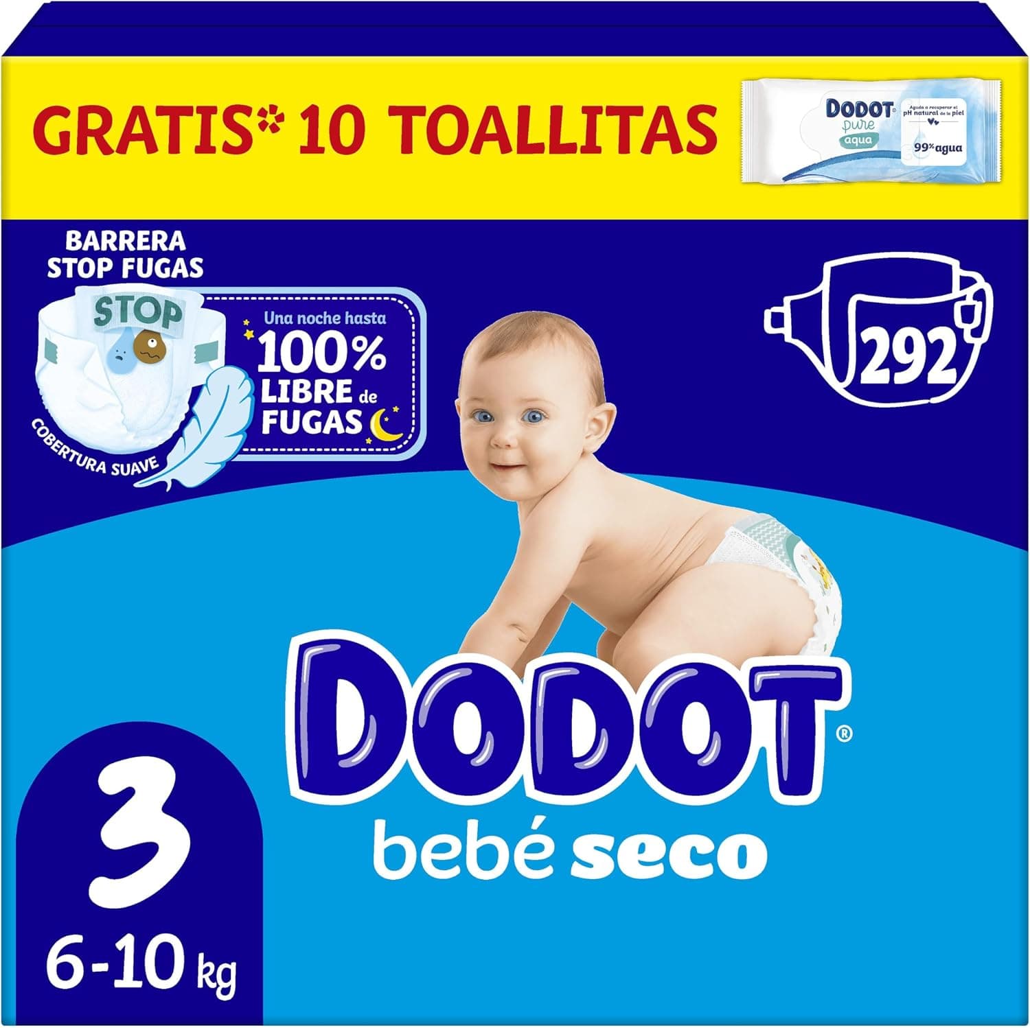 Dodot Pañales Bebé-Seco, Talla 3 (6-10 kg), 292 Pañales + 1 Pack de 10 Toallitas Regalo de Aqua Plastic Free, Una Noche Hasta Un 100% Libre De Fugas, Pack Mensual