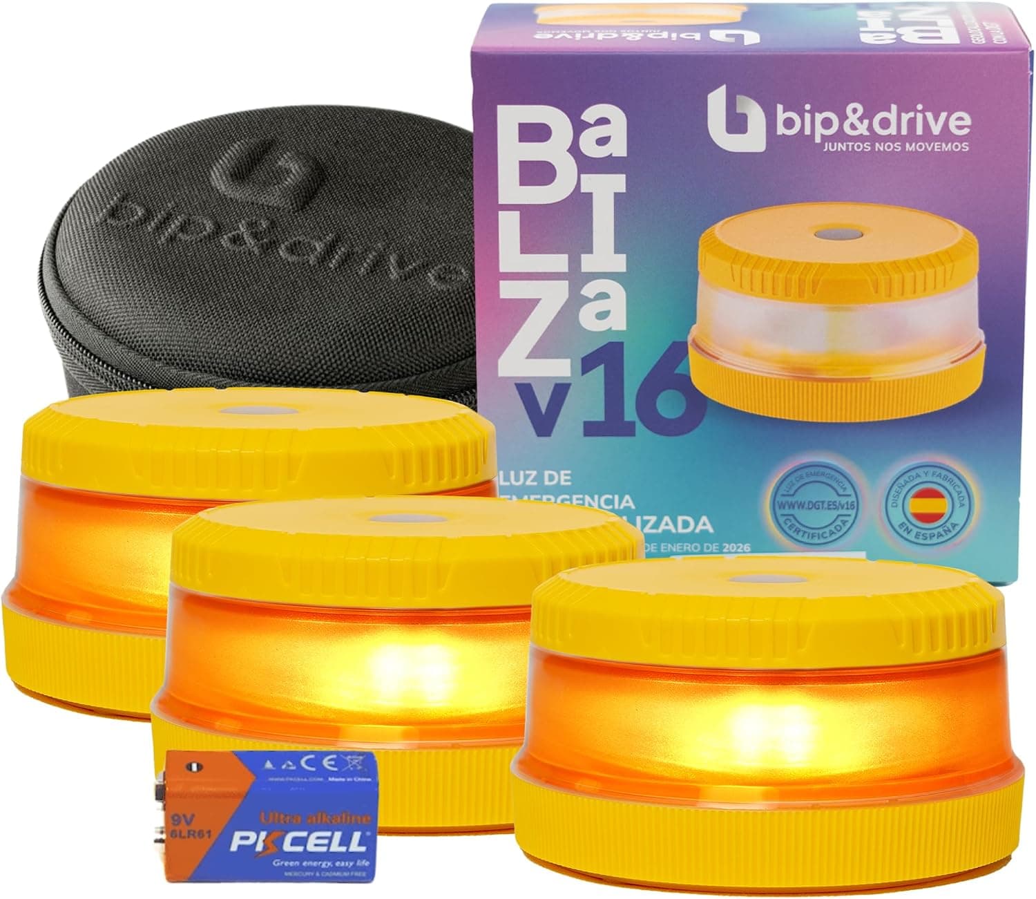Baliza V16 Homologada DGT con Geolocalización | Luz de Emergencia Coche LED 360° 1km | Conectada DGT 3.0 | Resistente a la Lluvia | Indicador de Batería | Bip&Drive (3 Balizas + 3 Fundas)