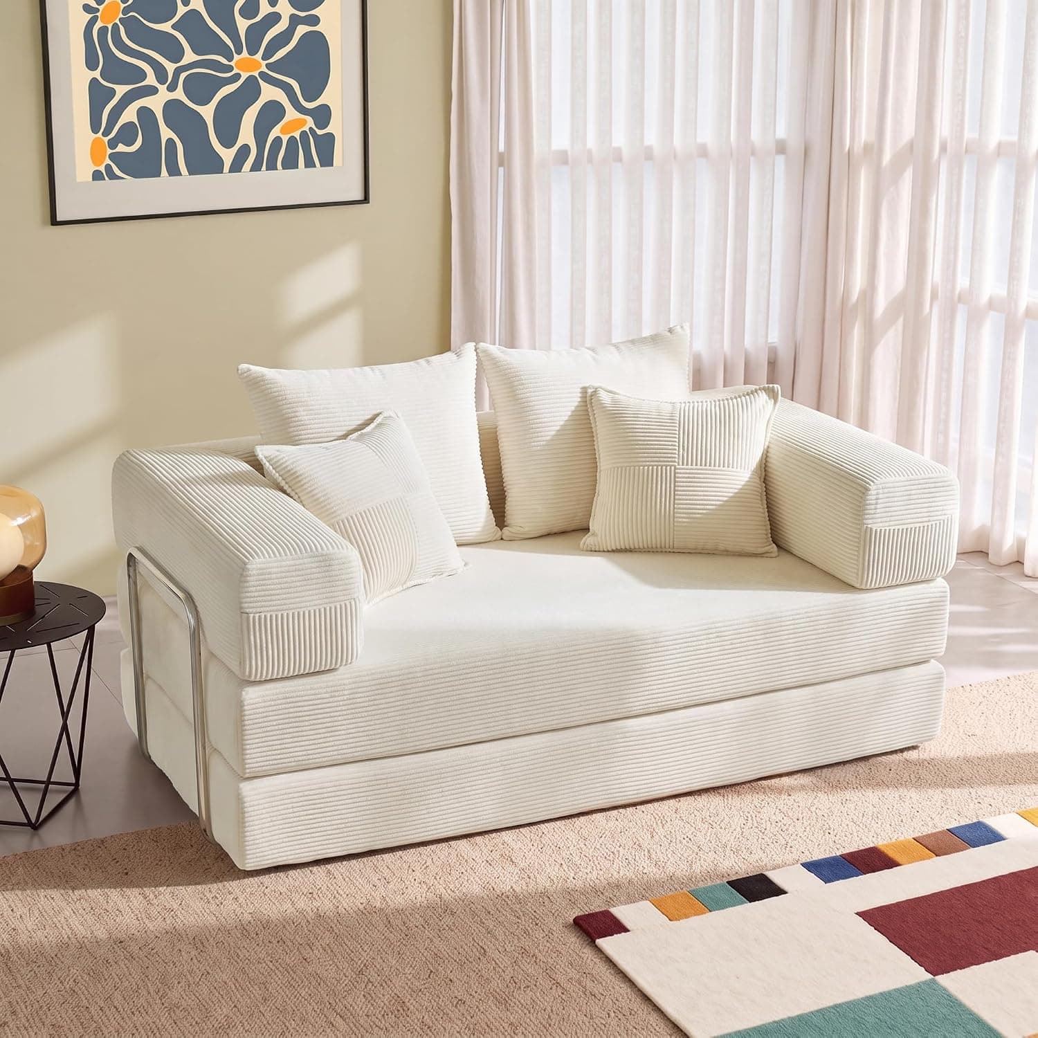 YINIX Sofá Cama 2 Plazas de 160cm, Sofá de Suelo Modular de Pana (Sin Montaje), Sofá Nube Plegable Sin Estructura, Funda Lavable, Cama de Invitados, Crema, 160 x 180cm