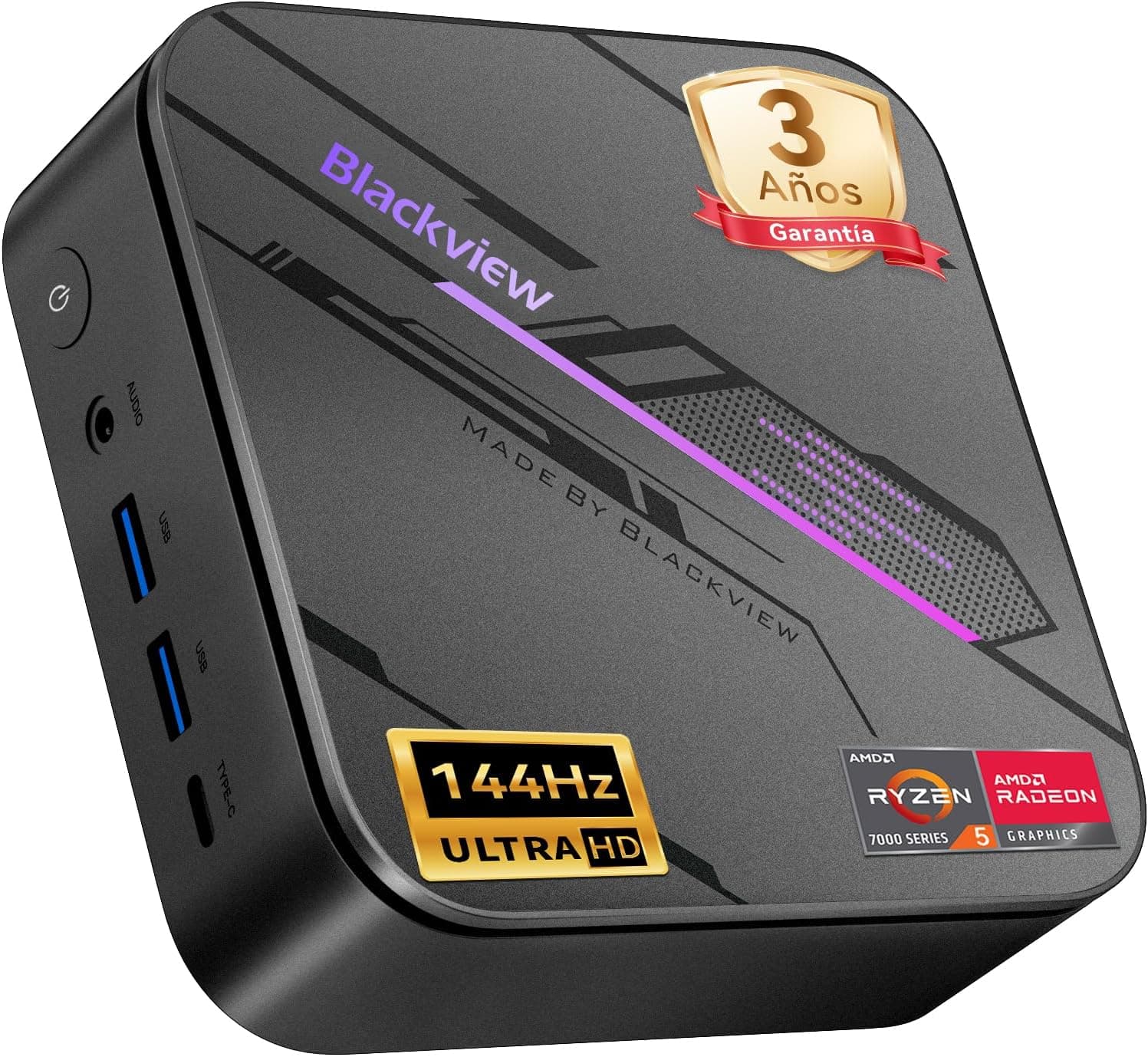 Blackview MP100Pro Mini PC (2026) con AMD Ryzen 5 7430U, Win 11 Pro Mini Ordenadores de sobremesa, 16GB RAM (Ultra-rápido 3733 MT/S) 512GB SSD, 4K 144Hz, Iluminación RGB, WiFi 6 para Oficina, Hogar